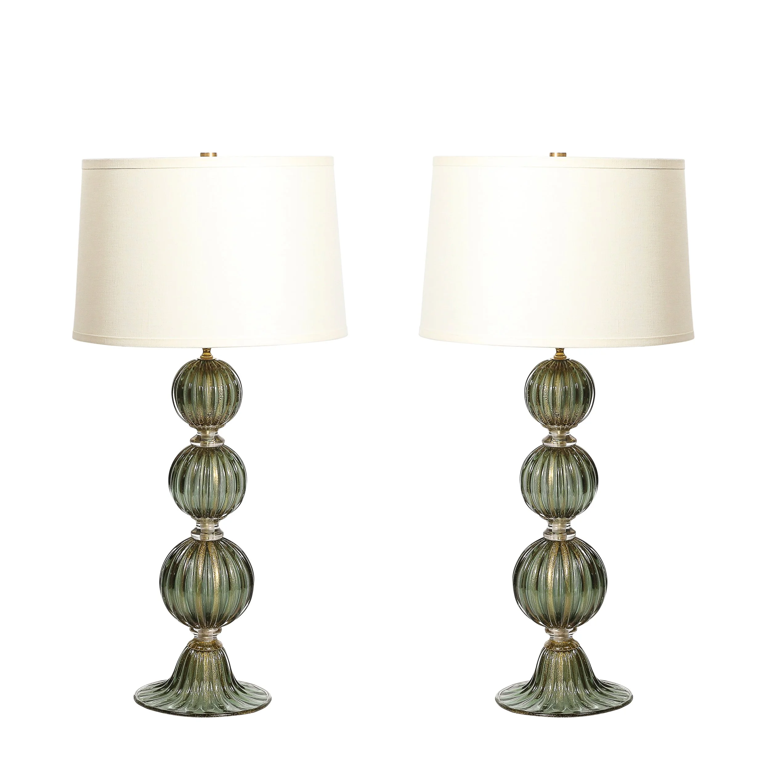 Modernist Hand-Blown Smoked Emerald Murano Glass Fluted Stacked Ball Table Lamps - High Style Deco.jpg