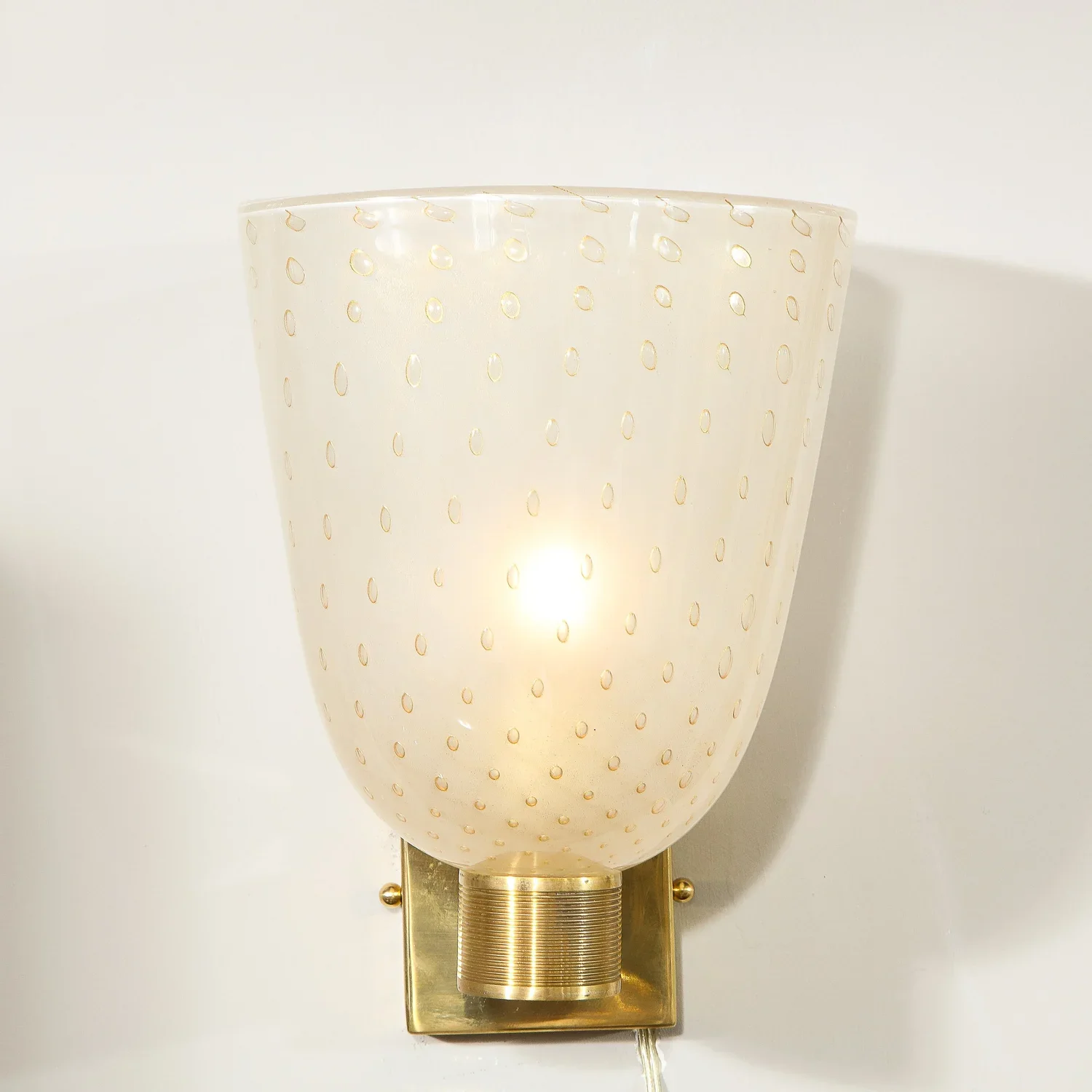 Modernist+Handblown+Murano+Glass+and+24kt+Gold+Sconces+with+Reeded+Brass+Arm+-+High+Style+Deco+5.webp