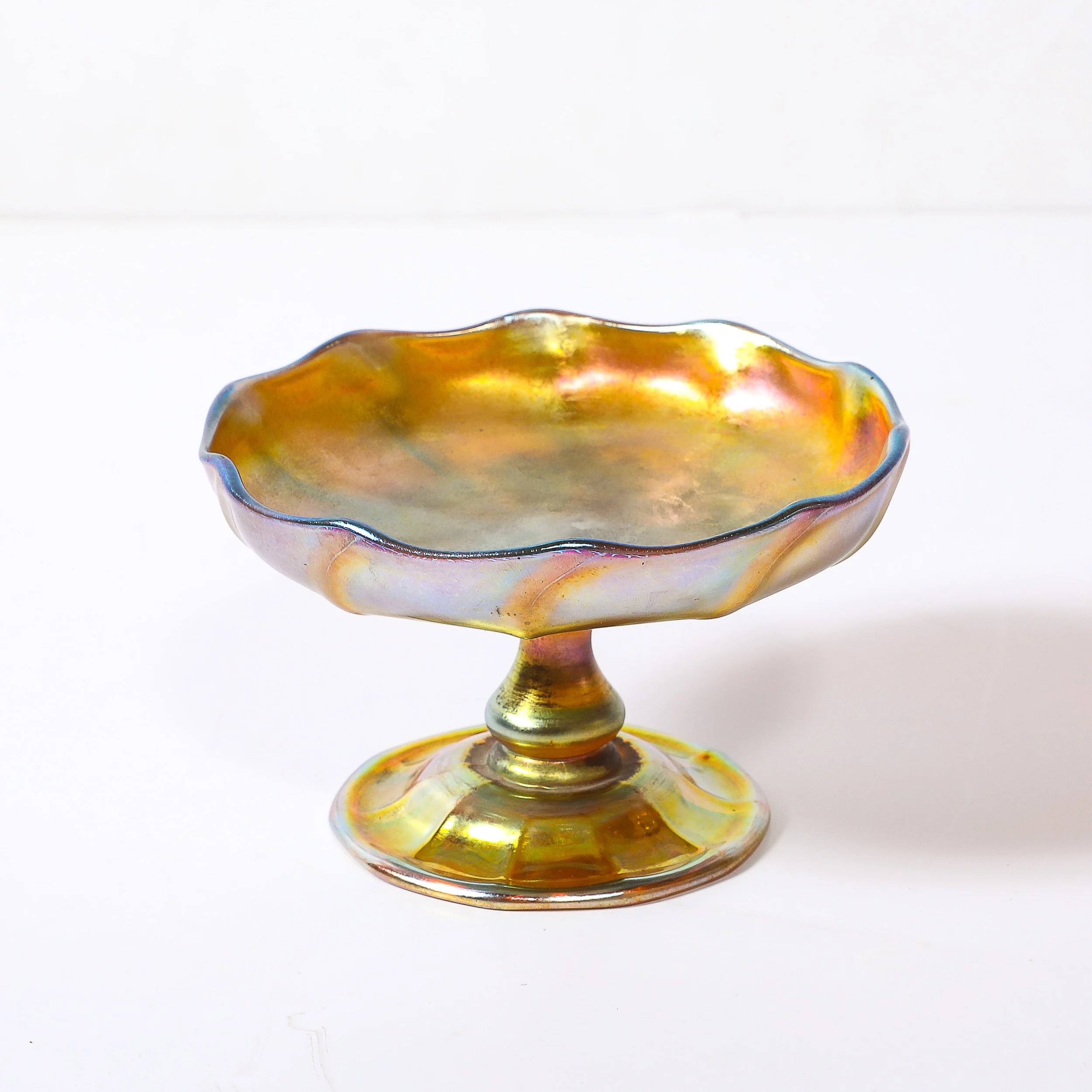 Art Nouveau Iridescent Yellow Blue Favrile Glass Footed Dish signed Tiffany & Co - High Style Deco 5.jpg