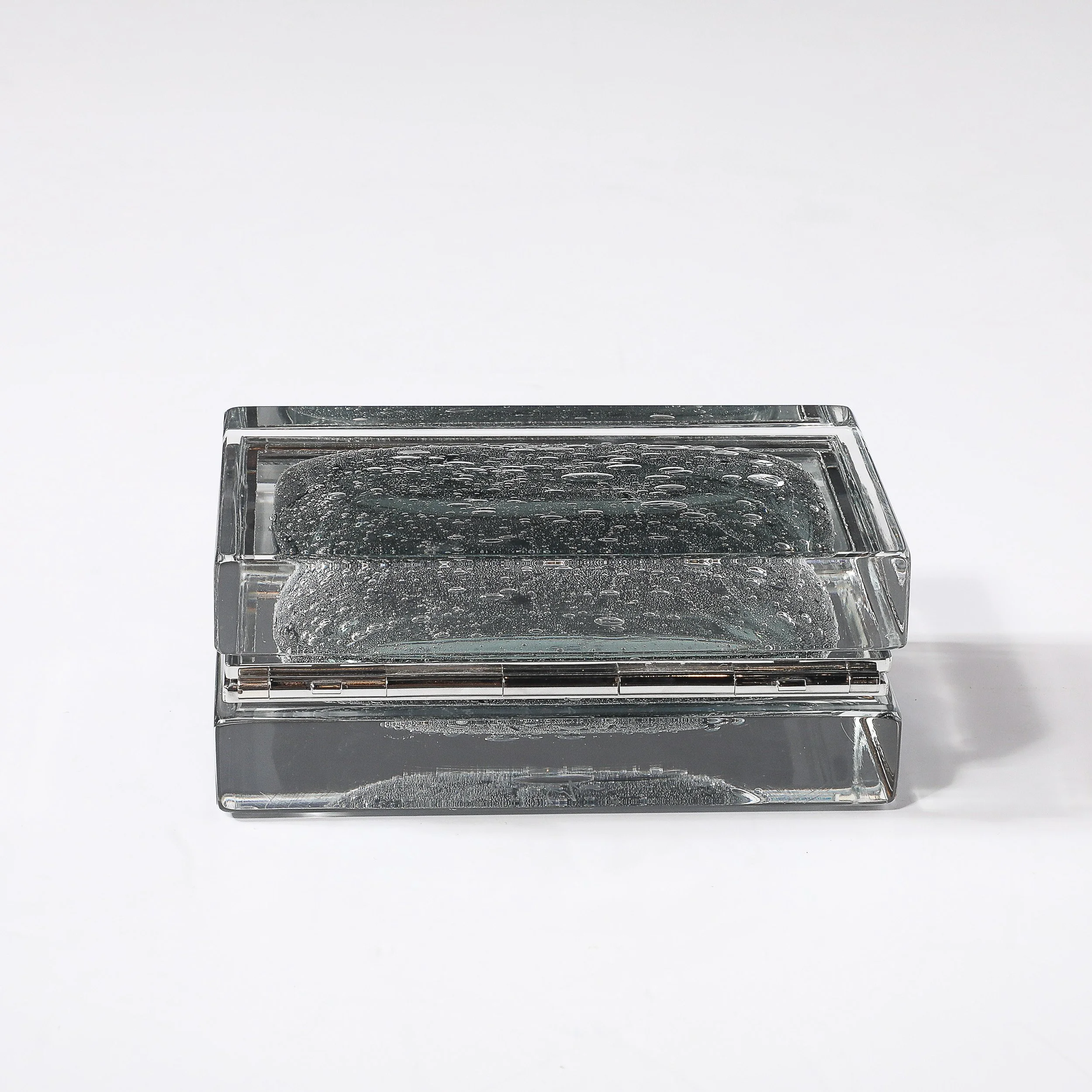 Modernist Handblown Murano Glass Box in Sage Grey W: Pulegoso Detailing & Nickel - High Style Deco 6.jpg