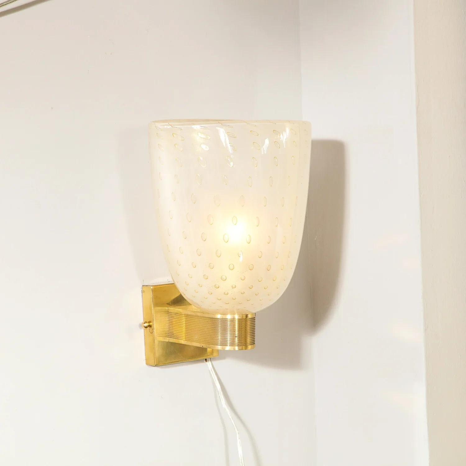 Modernist+Handblown+Murano+Glass+and+24kt+Gold+Sconces+with+Reeded+Brass+Arm+-+High+Style+Deco+1.webp