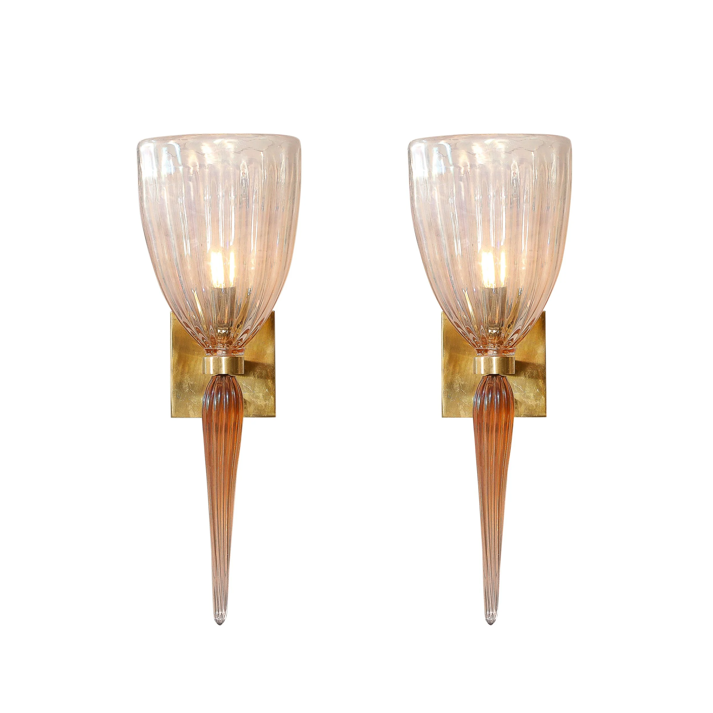 Modernist Hand-Blown Iridescent Pink Murano Glass Fluted Sconces w: Spike Drope - High Style Deco.jpg