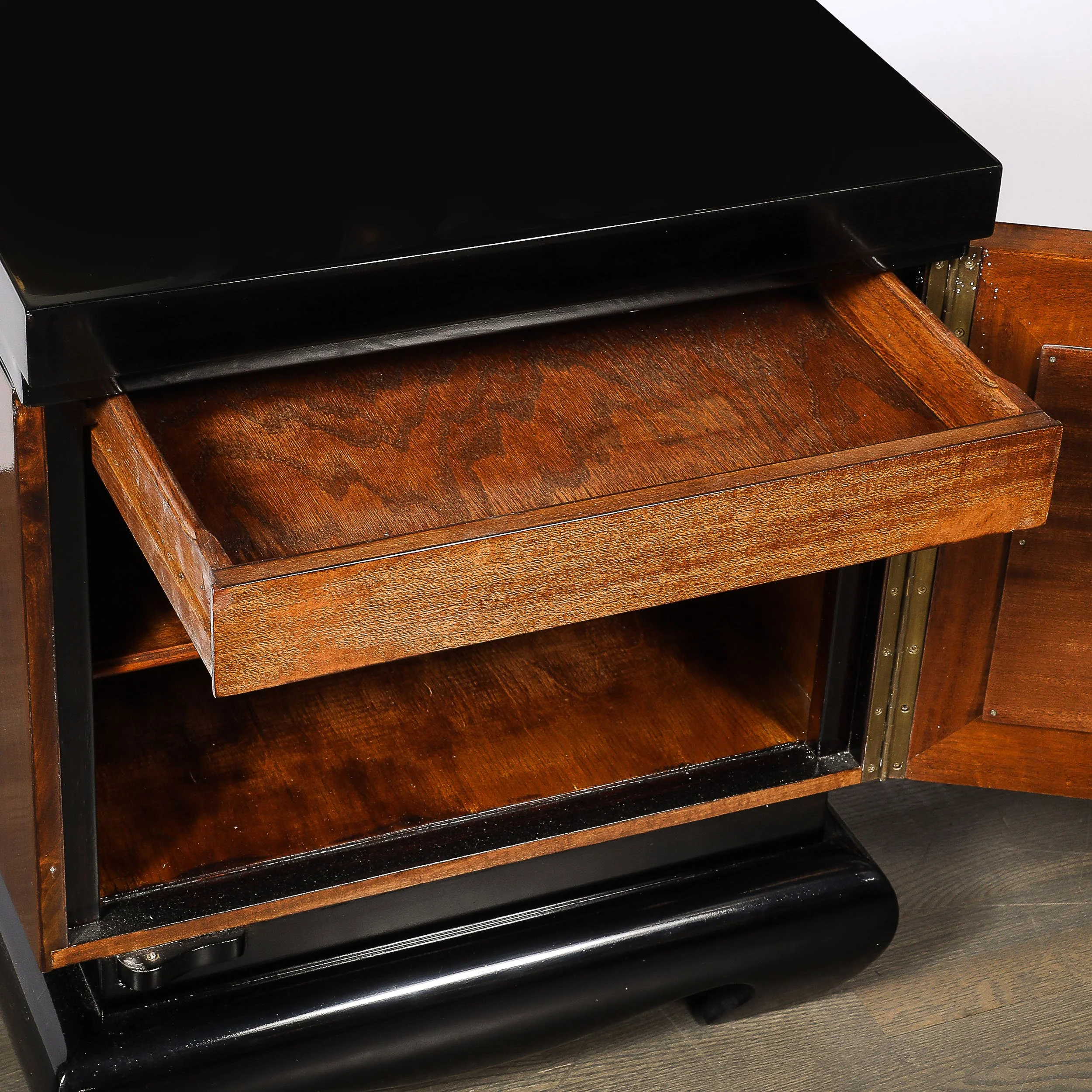 Mid-Century Modernist Shadowbox Mirrored Front Walnut & Black Lacquer End Table - High Style Deco 5.jpg