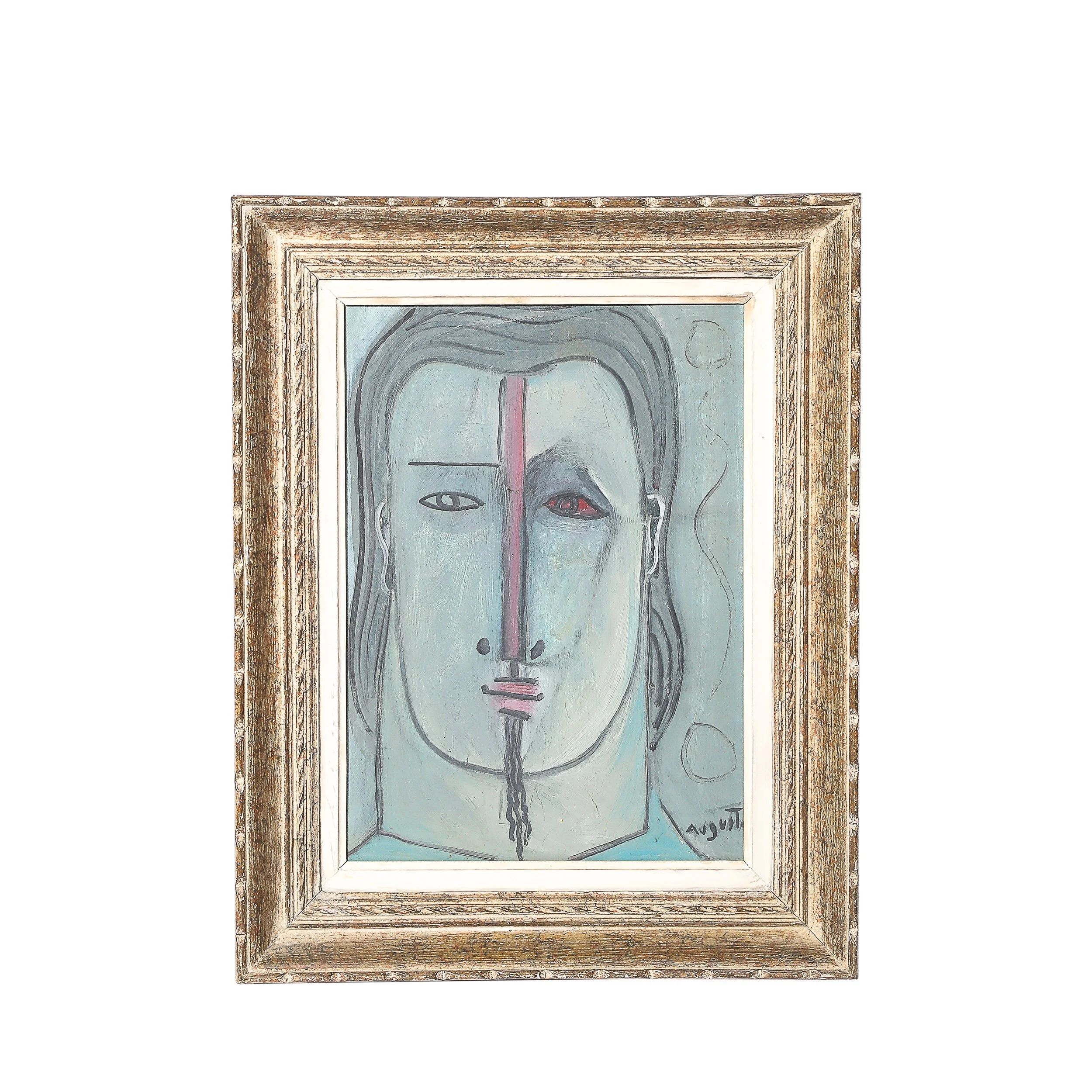 Mid-Century Modernist Abstract Cubist Portrait in Oil on Canvas signed Augusti
