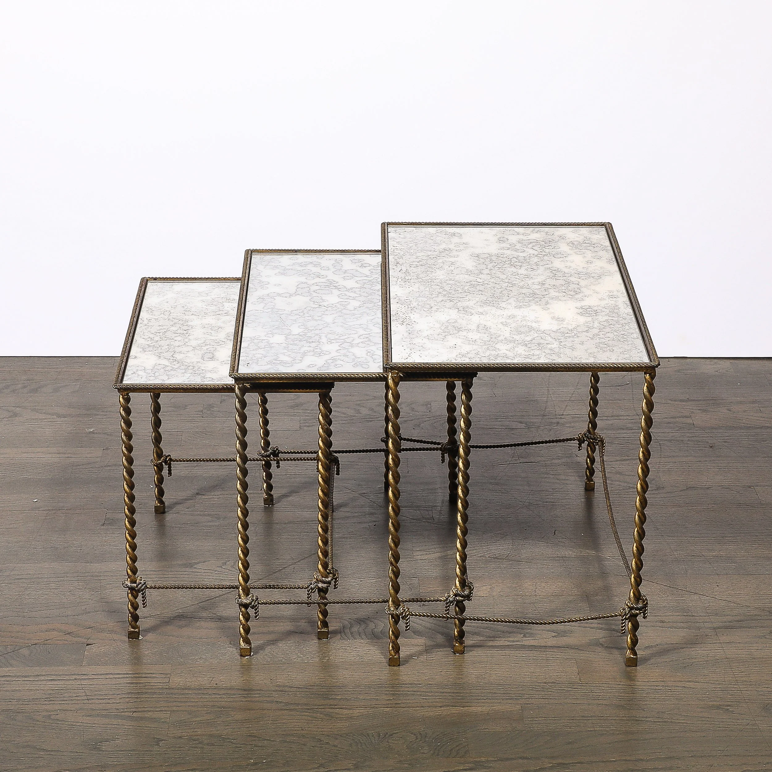 Set of 3 Art Deco Gilt Bronze Rope Form Nesting Tables W: Antiqued Mirror Glass - High Style Deco 10.jpg