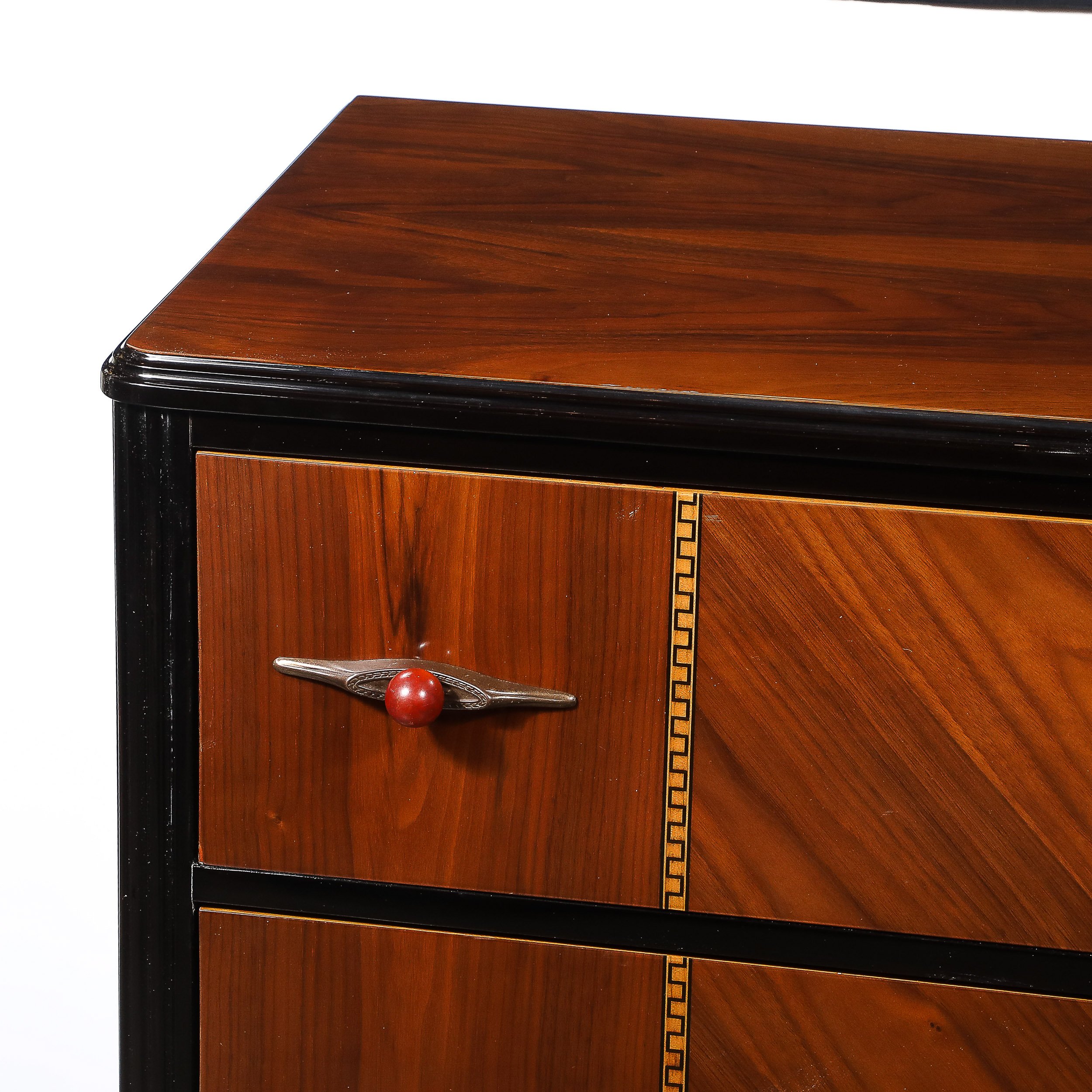 Art Deco Book-Matched Walnut & Black Lacquer Detailed Chest w: Bakelite Pulls - High Style Deco 11.jpg