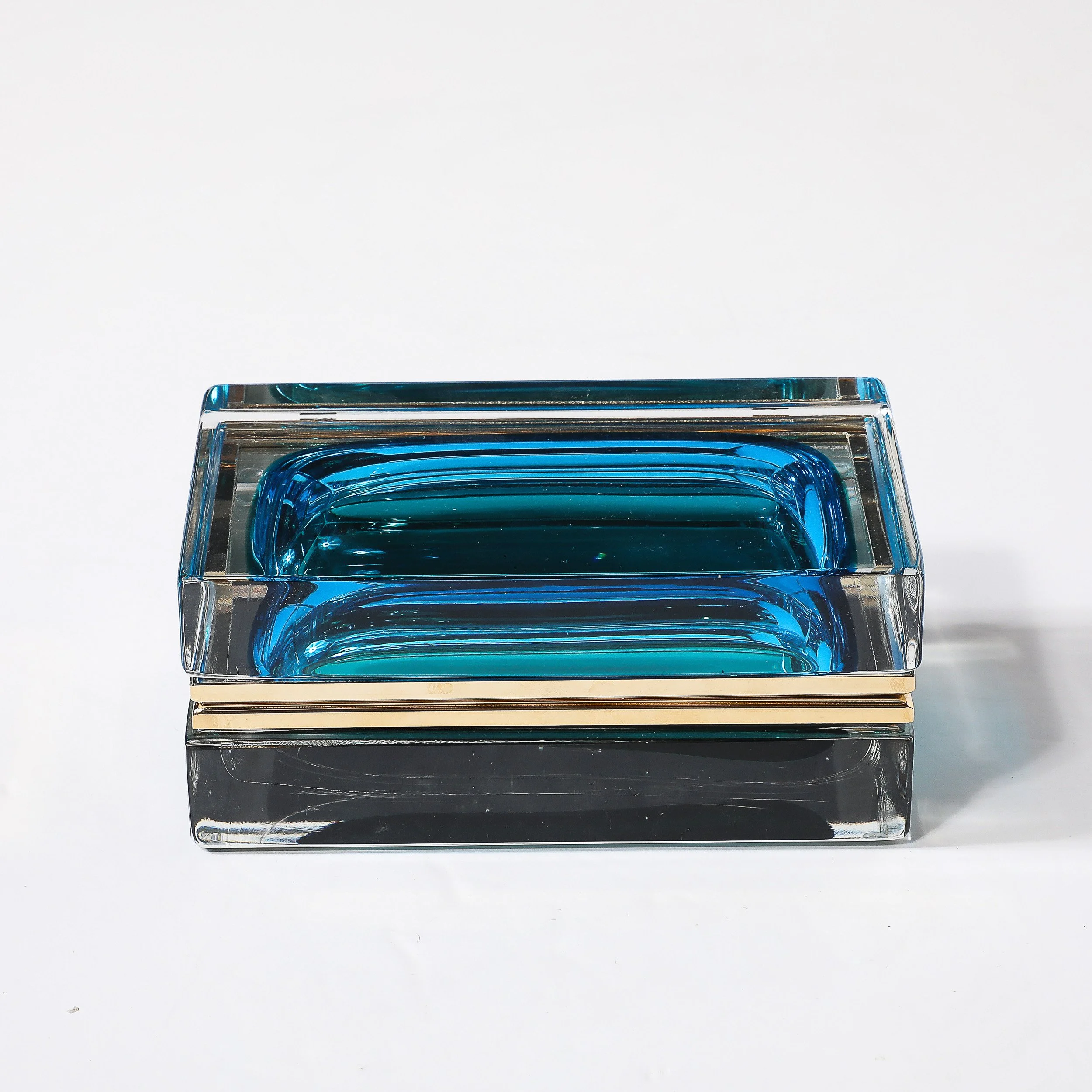Modernist Hand-Blown Murano Glass Box in Ultramarine & Phthalo w: Polished Brass - High Style Deco 11.jpg