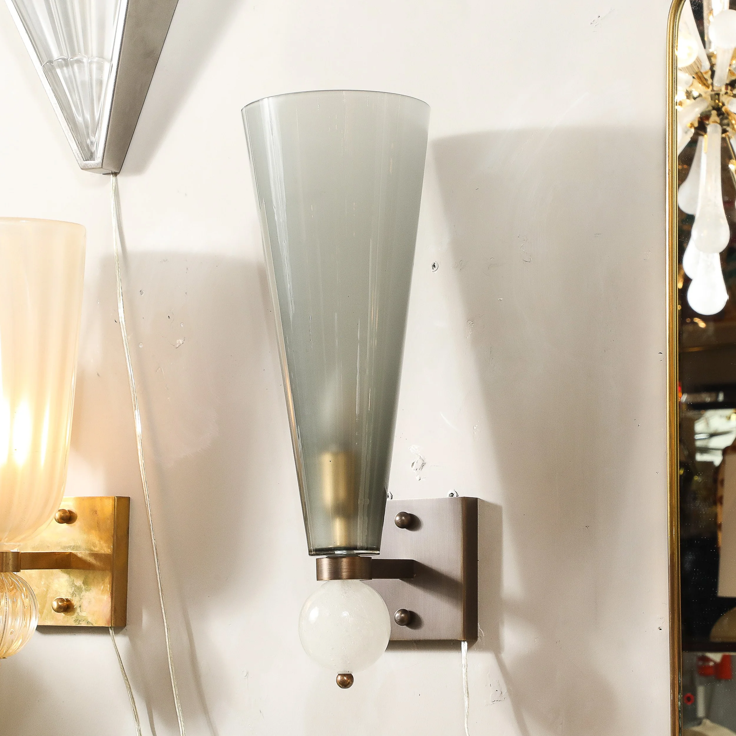 Modernist Hand-Blown Smoked Gray Murano Glass Conical Sconces with Orbital Drop - High Style Deco 7.jpg