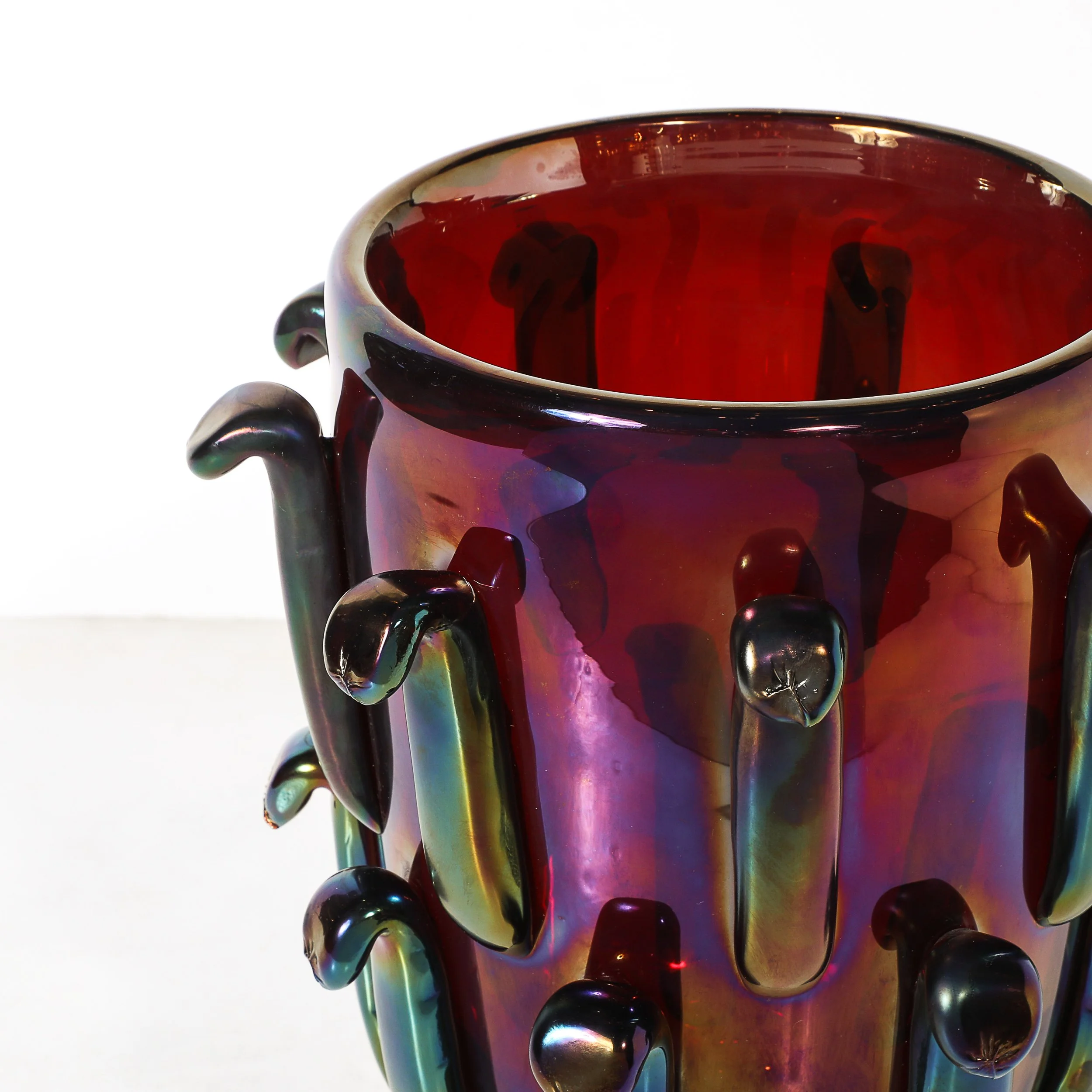Mid-Century Hand-Blown Murano Iridescent & Ruby Glass Vases w: Petal Detailing - High Style Deco 5.jpg