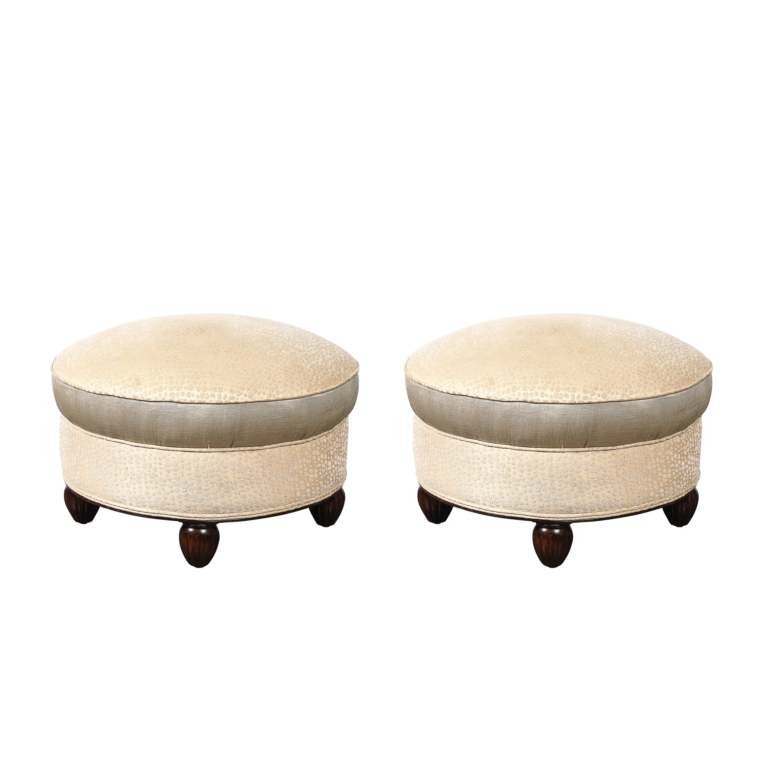 Art Deco Upholstered Ottomans with Walnut Reeded Supports Manner of Ruhlmann - High Style Deco.jpg