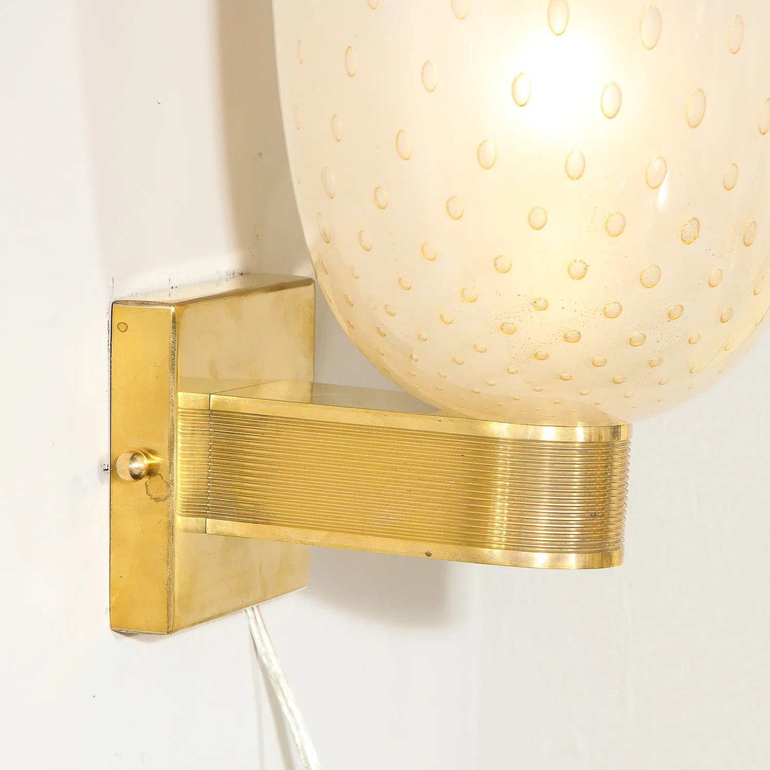 Modernist+Handblown+Murano+Glass+and+24kt+Gold+Sconces+with+Reeded+Brass+Arm+-+High+Style+Deco+3.webp