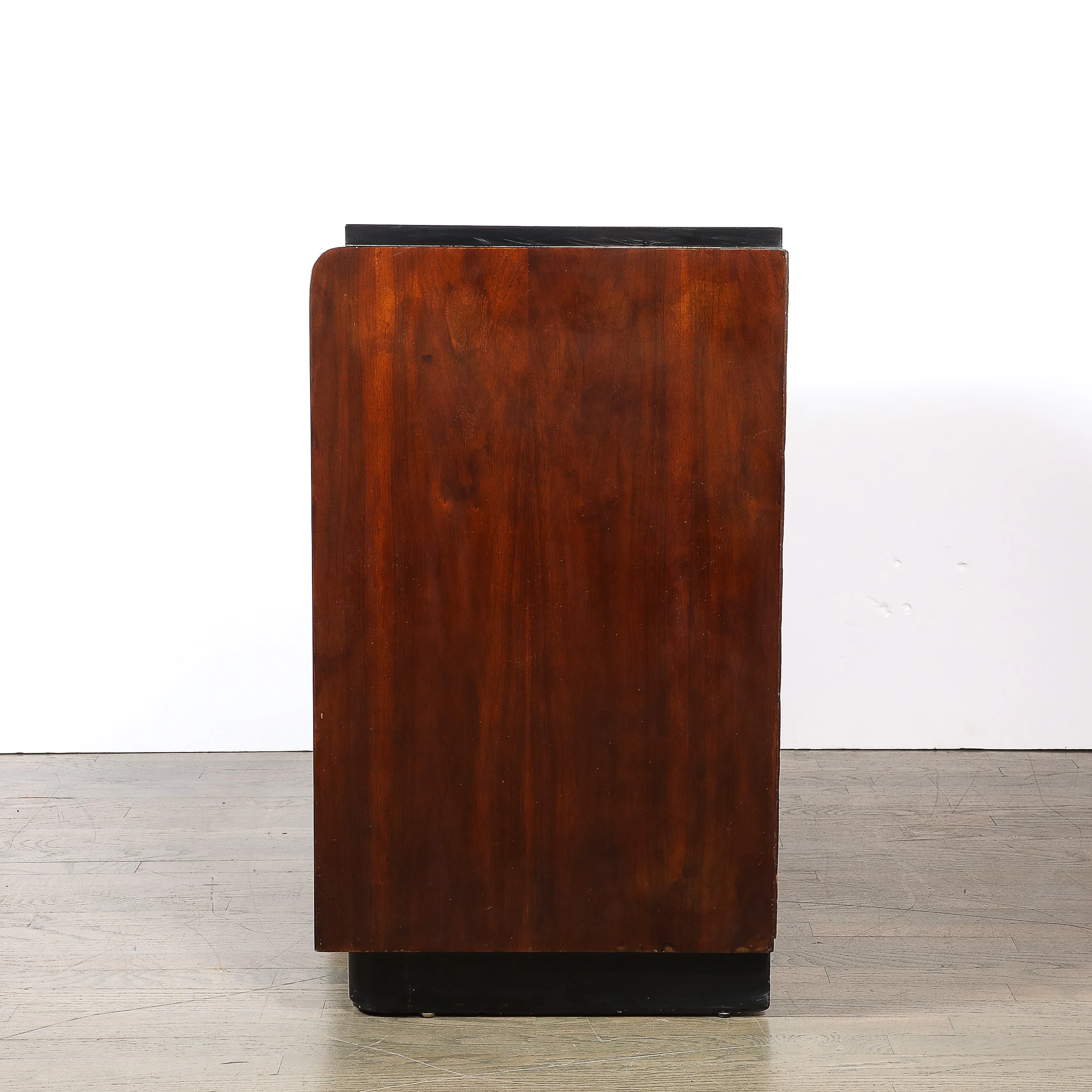 Art Deco Machine Age Waterfall Front Book-Matched Walnut & Black Lacquer Cabinet - High Style Deco 11.jpg