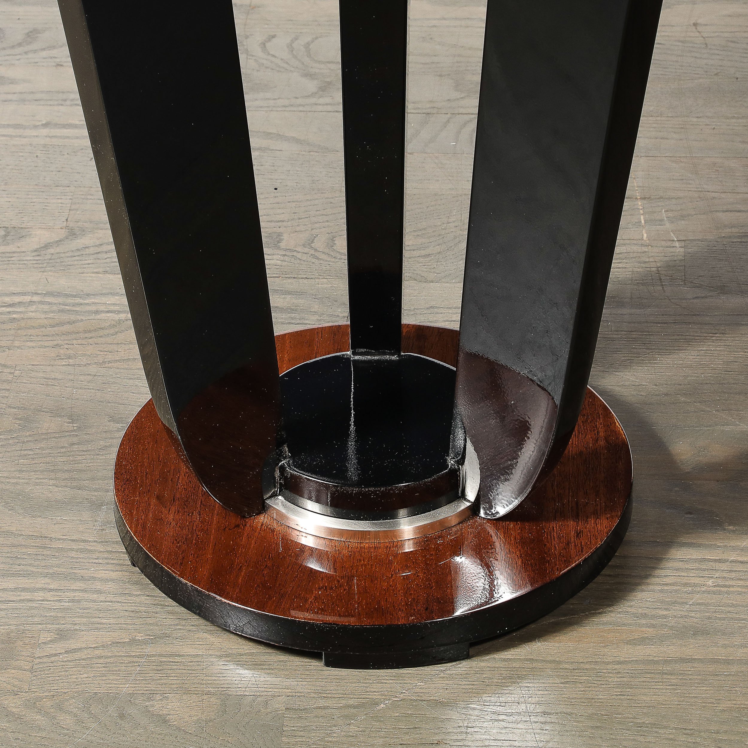 Art Deco Machine Age Bookmatched Walnut Gueridon Table w: Black Lacquer Supports - High Style Deco 6.jpg