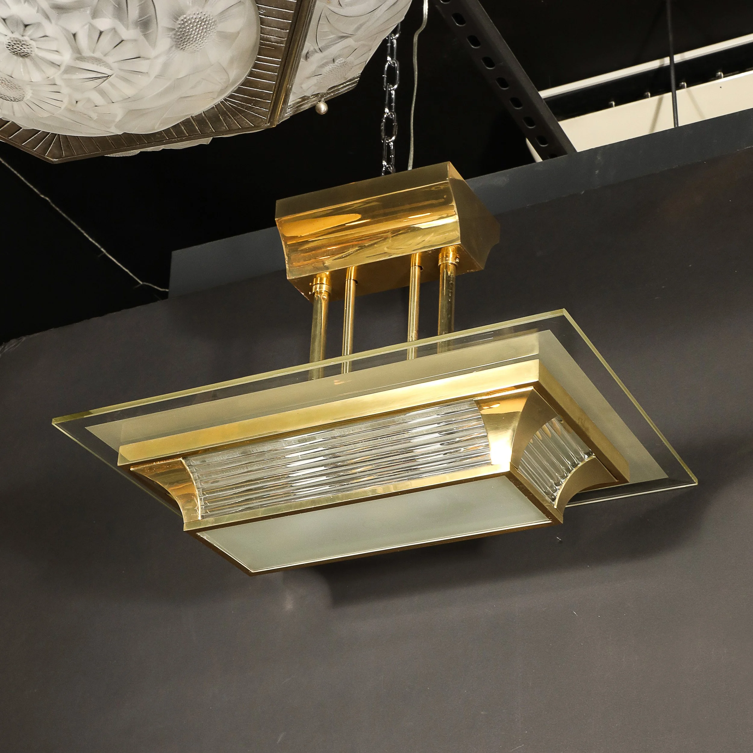 Art Deco Machine Age Polished Brass Glass Rod Chandelier by Petitot - High Style Deco 13.jpg