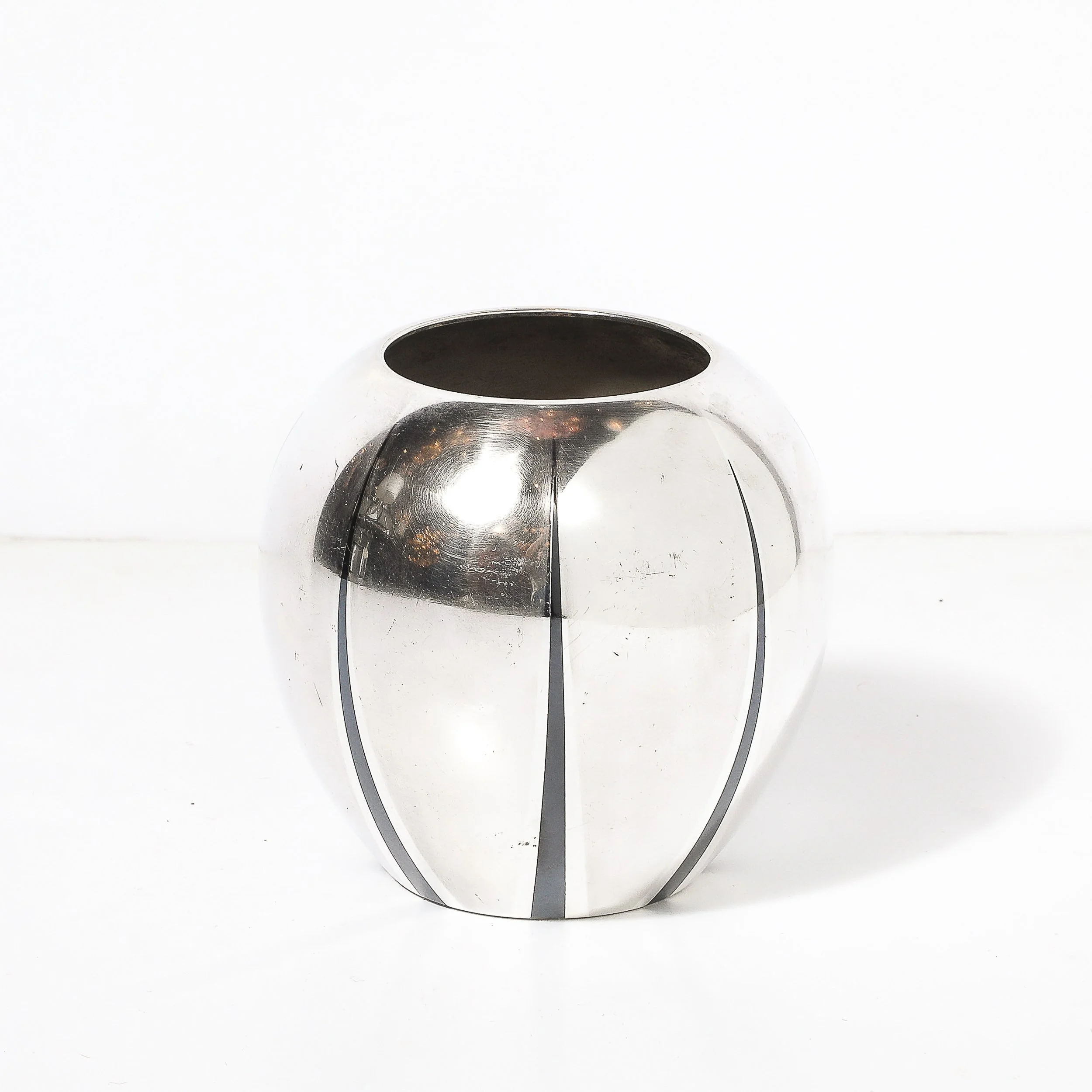 Art Deco WMF Ikora Textural Silver Plated Vase W: Jet Black Linear Detailing - High Style Deco 2.jpg