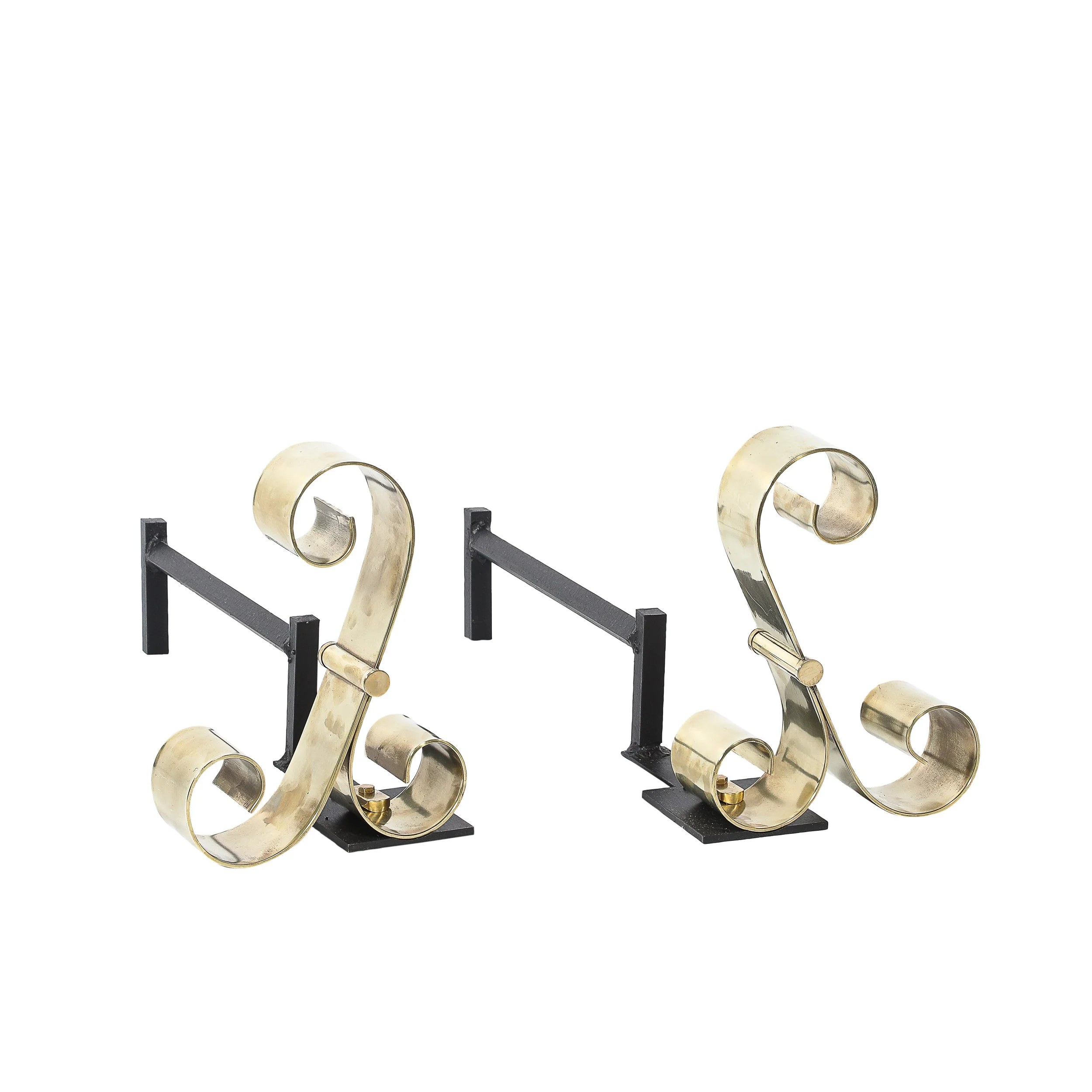 Mid-Century Modernist Scroll Form Andirons in Polished Brass - High Style Deco.jpg
