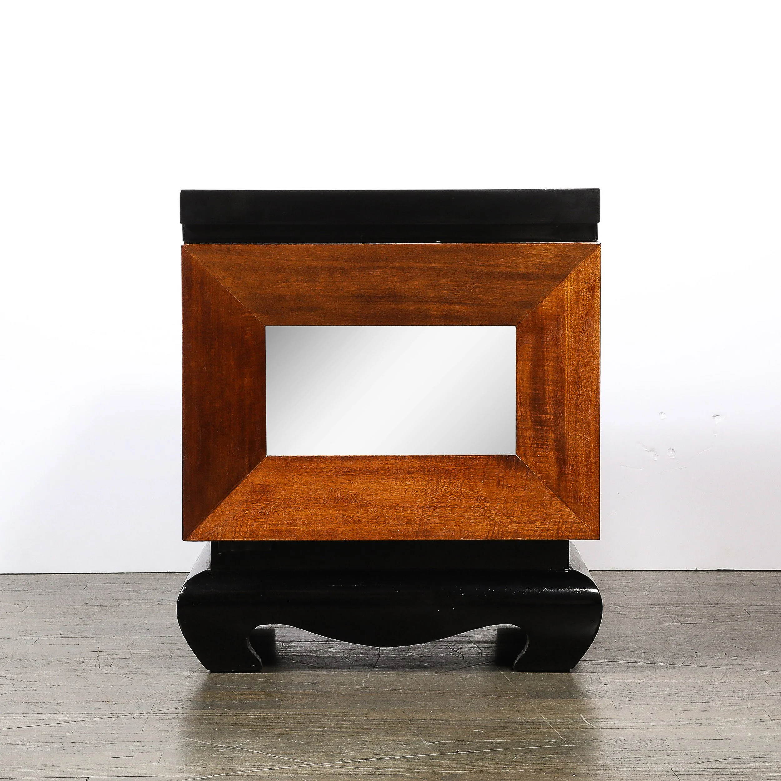 Mid-Century Modernist Shadowbox Mirrored Front Walnut & Black Lacquer End Table - High Style Deco 6.jpg