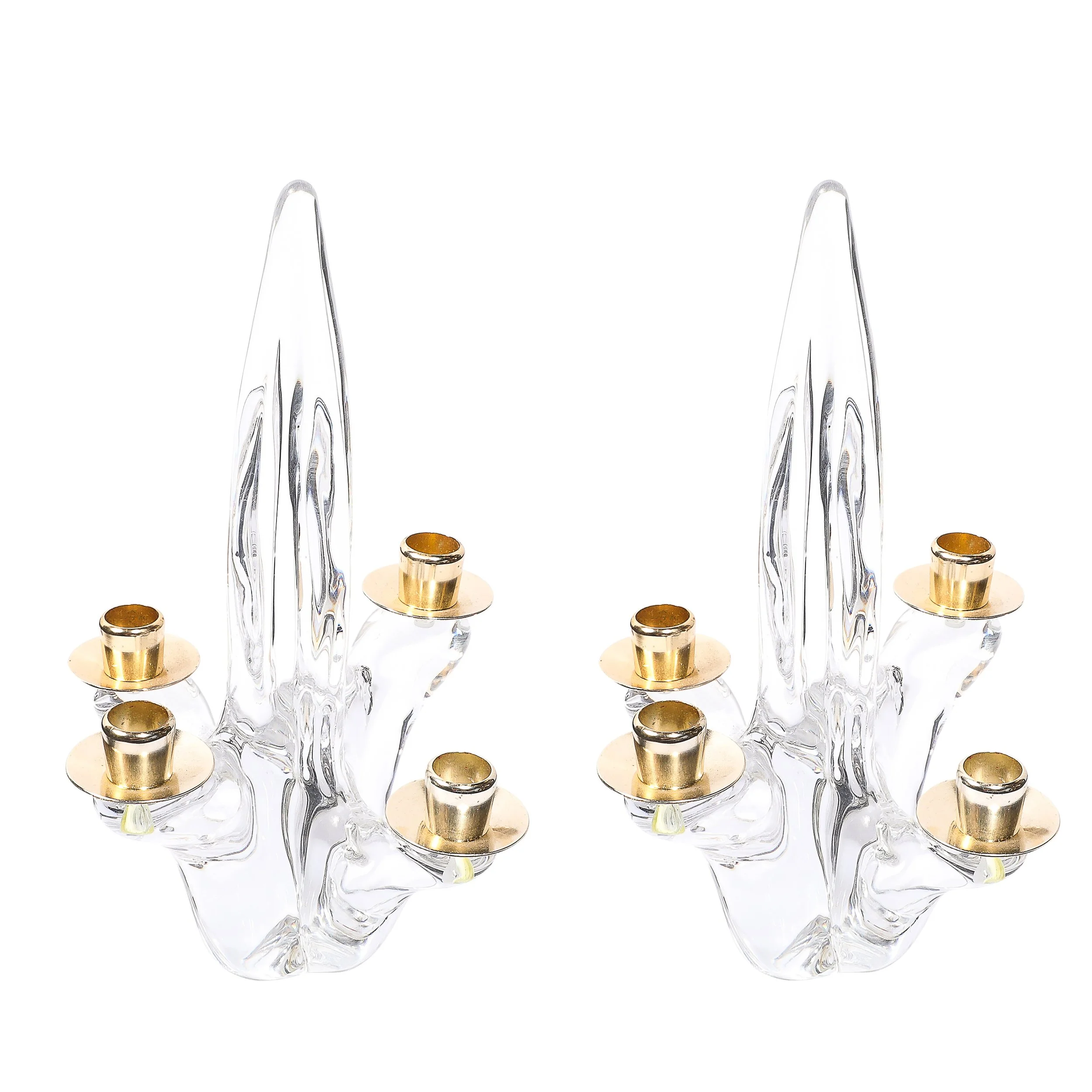 Pair of Mid-Century Crystal & Brass Amorphic 4 Arm Candelabra Signed Schneider