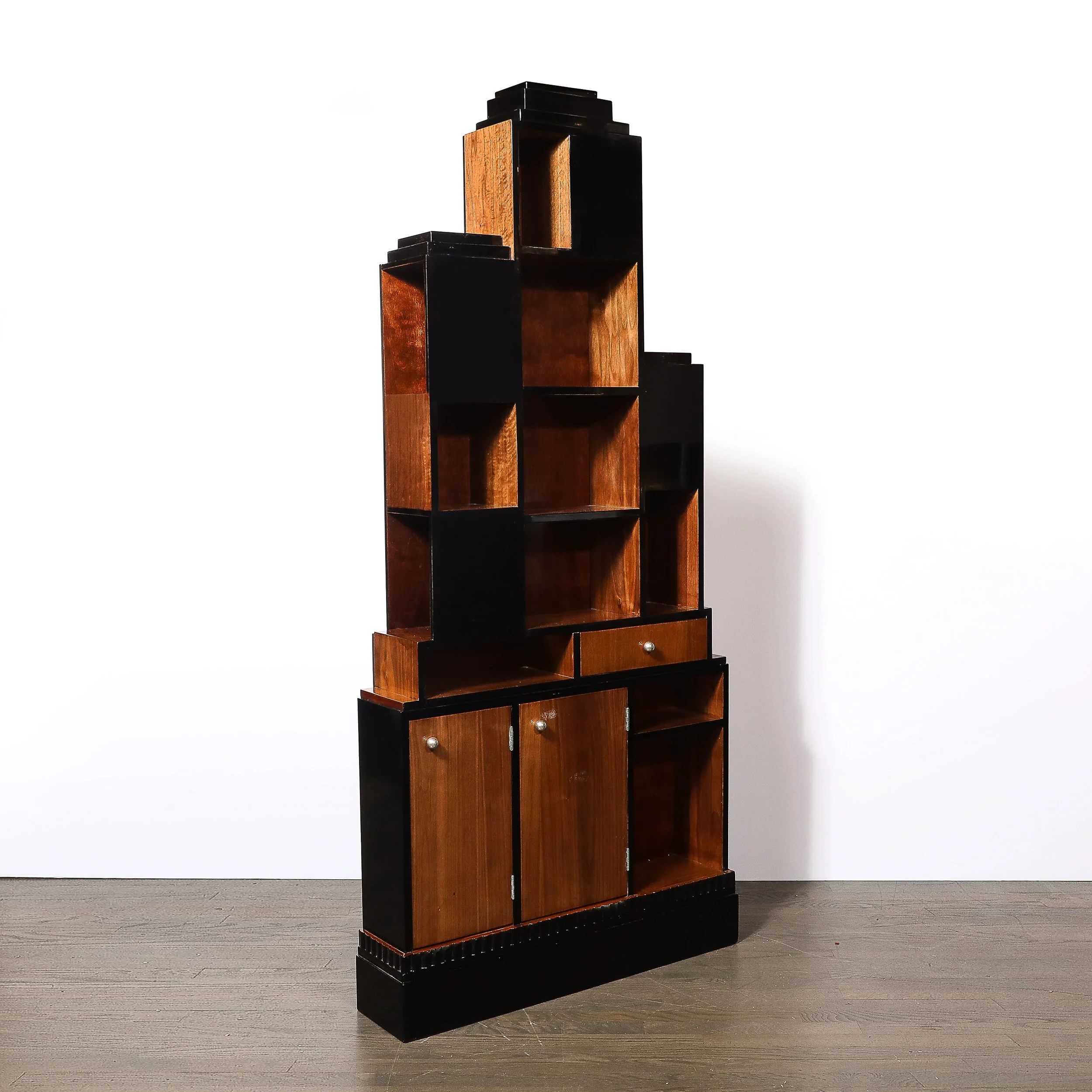 Art Deco Walnut & Black Lacquer Skyscraper Style Bookshelf with Chrome Pulls - High Style Deco 9.jpg