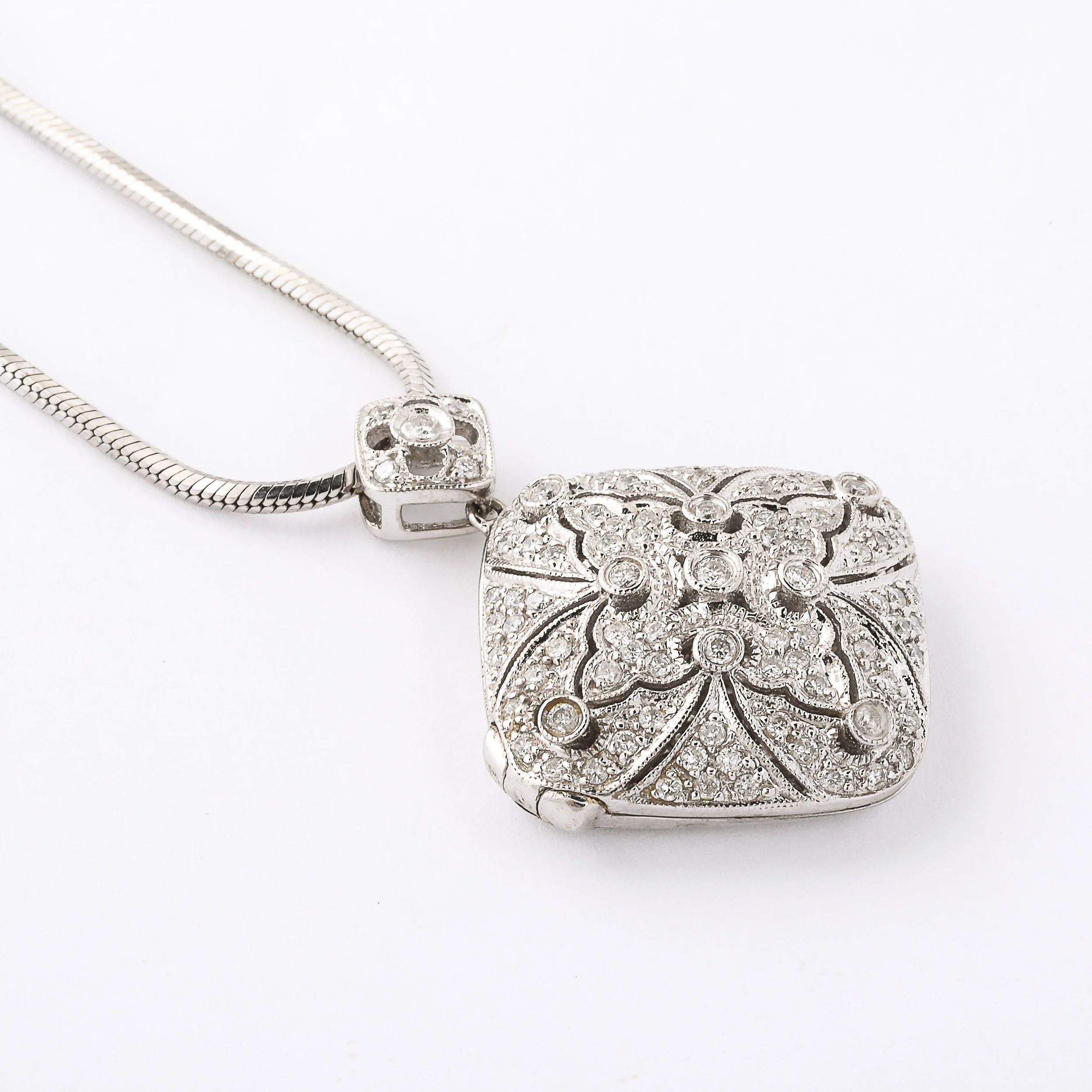 Edwardian Art Deco 14K White Gold & Pave Diamond Locket Pendant Necklace - High Style Deco 7.jpg
