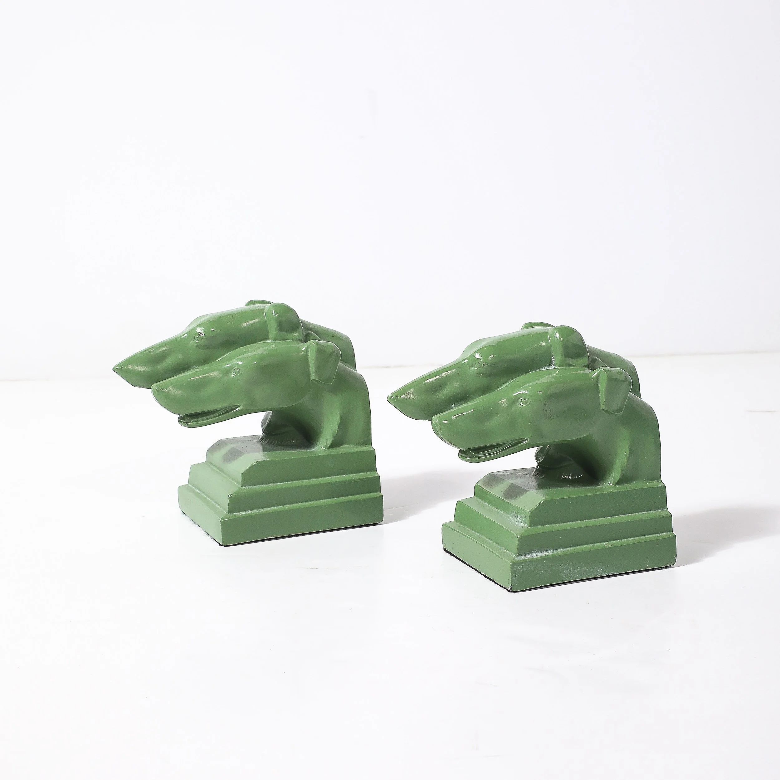 Pair of Green Enameled Double Greyhound Bookends signed Nuart Creations - High Style Deco 3.jpg