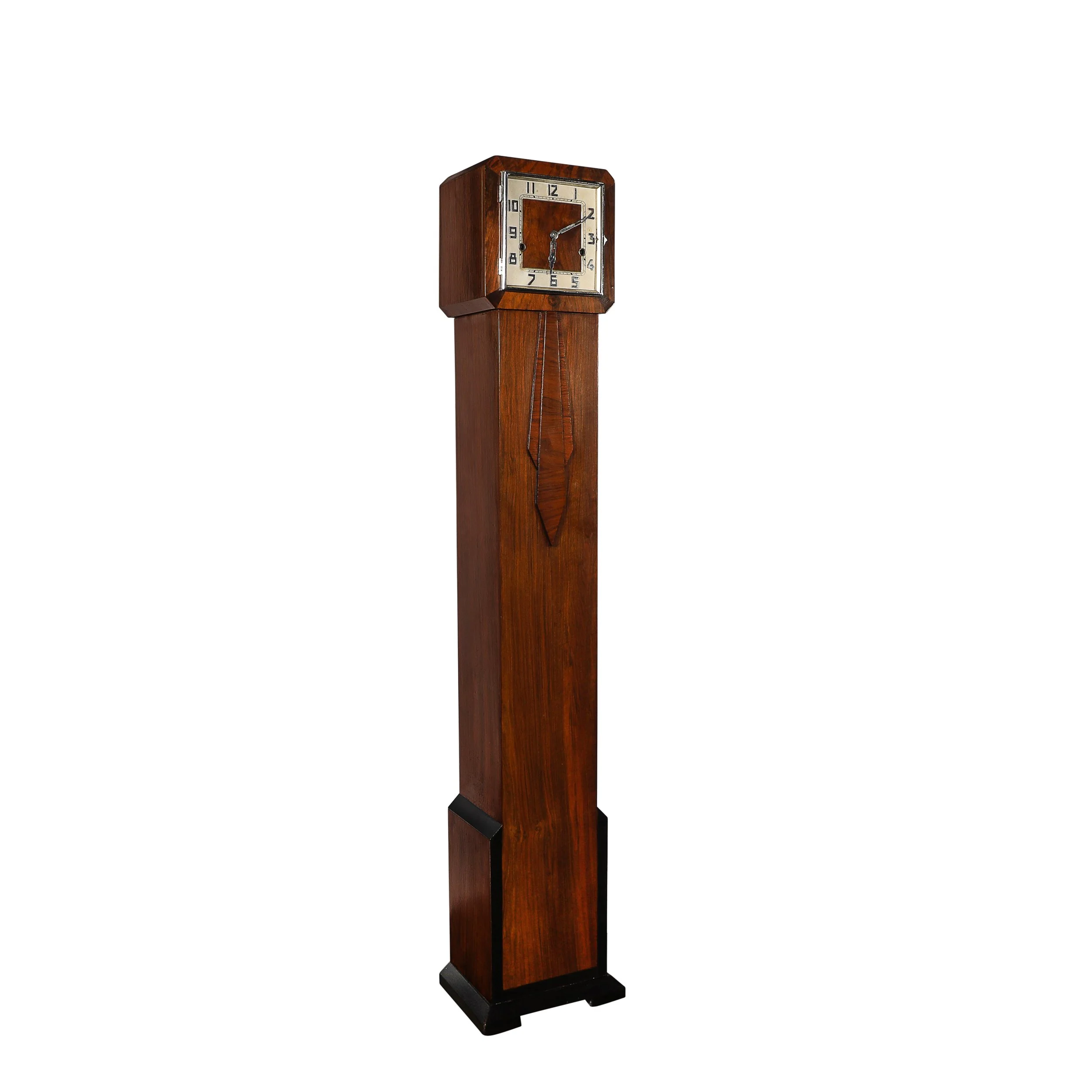 Art Deco Walnut Grandfather Clock w: Deco Numeral Dial and Black Lacquered Base - High Style Deco 10.jpg