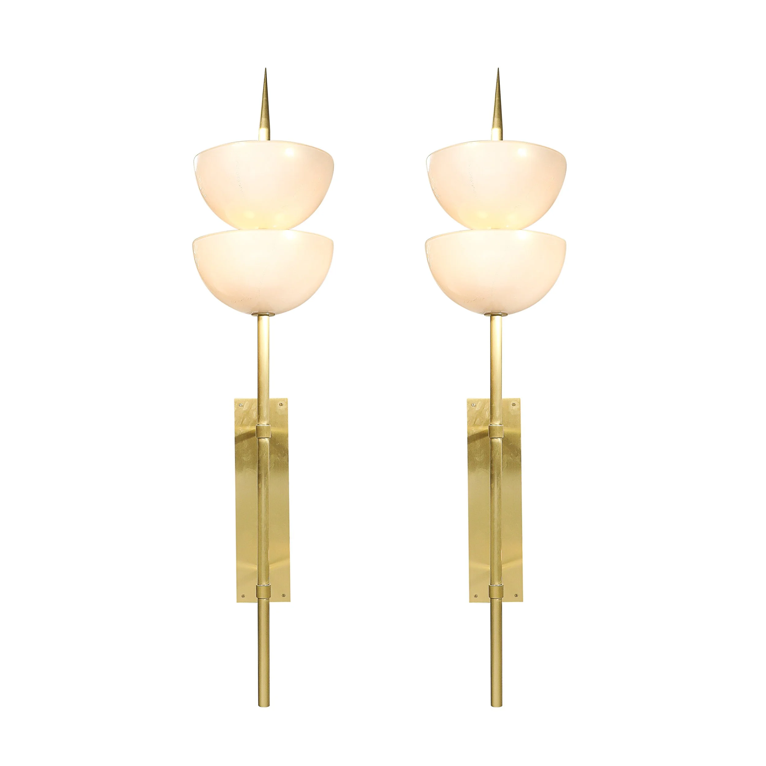 Modernist Hand-Blown Murano Glass Reverse Dome Form Brushed Brass Sconces - High Style Deco 3.jpg