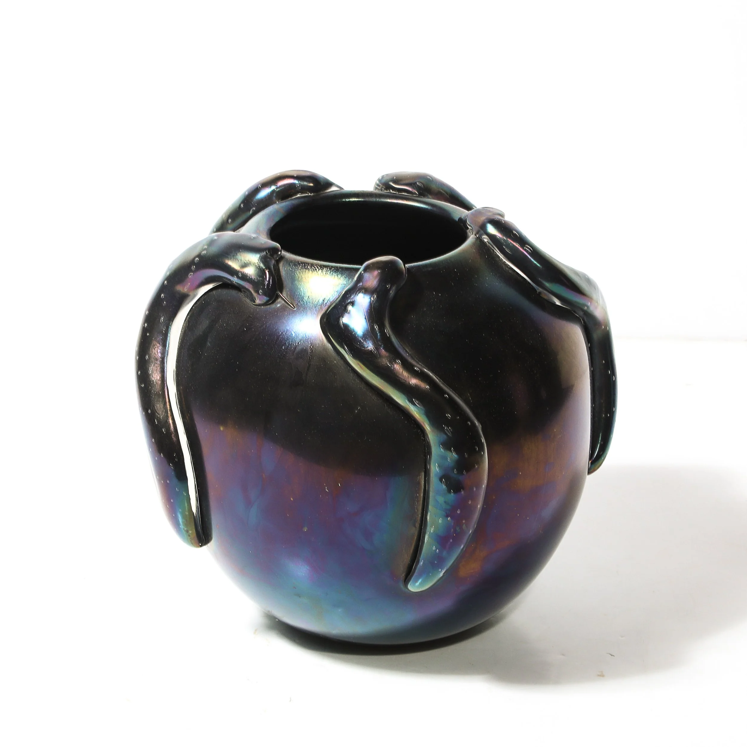 Mid-Century Hand-Blown Murano Iridescent & Black Glass Vase w: Sculptural Detail - High Style Deco 9.jpg
