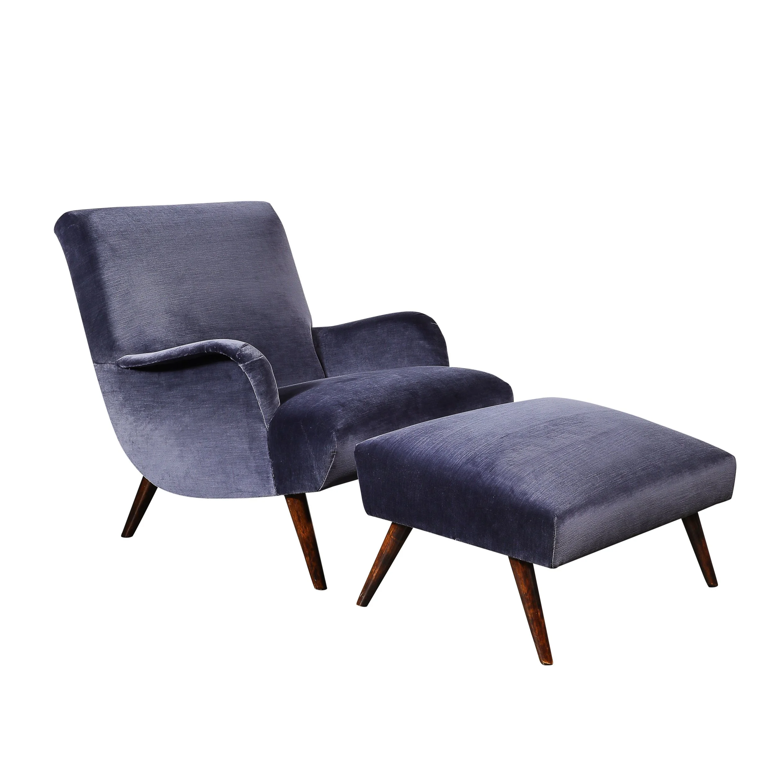 Mid-Century Lounge Chair & Ottoman in Aubergine Velvet & Tapered Walnut Supports - High Style Deco.jpg