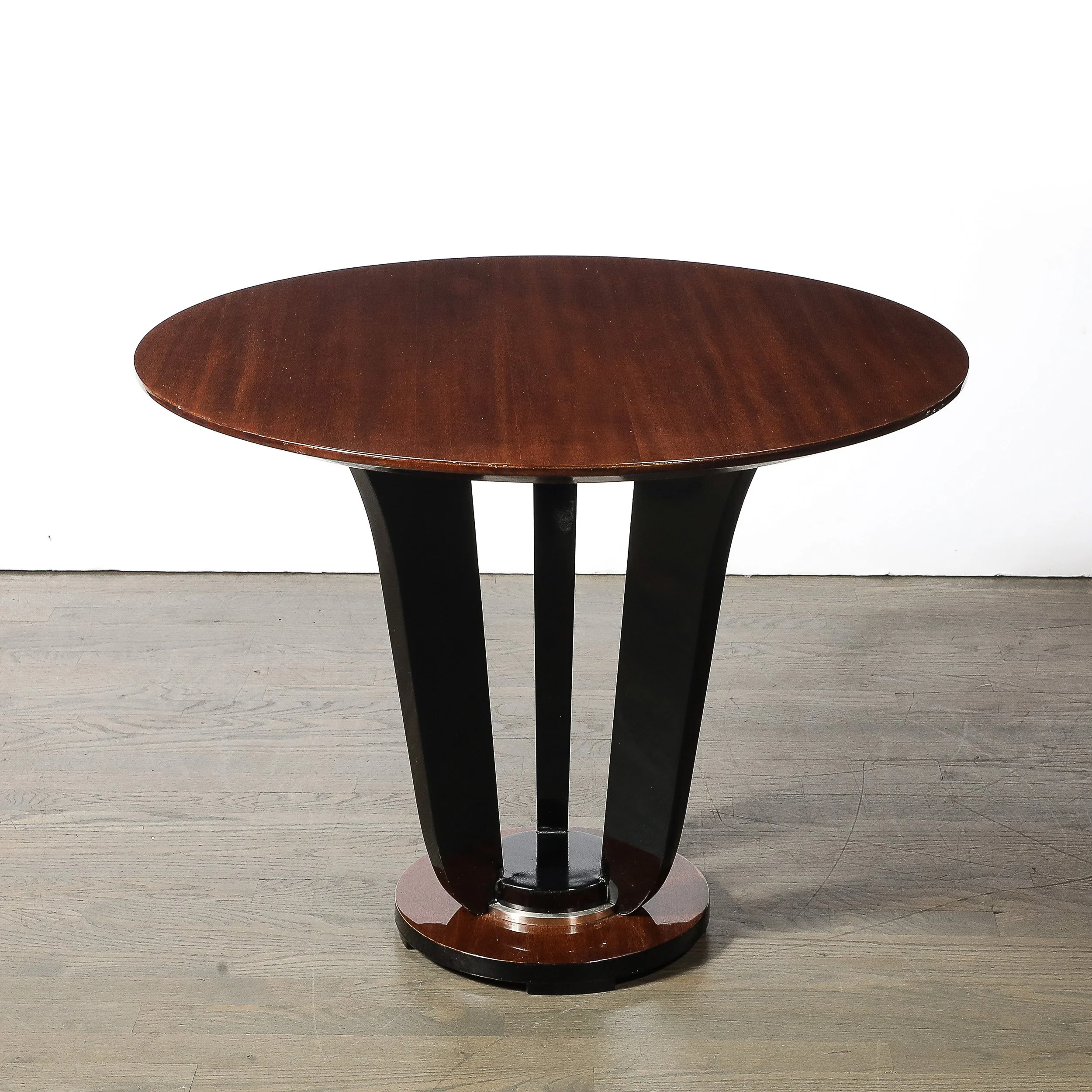 Art Deco Machine Age Bookmatched Walnut Gueridon Table w: Black Lacquer Supports - High Style Deco 5.jpg