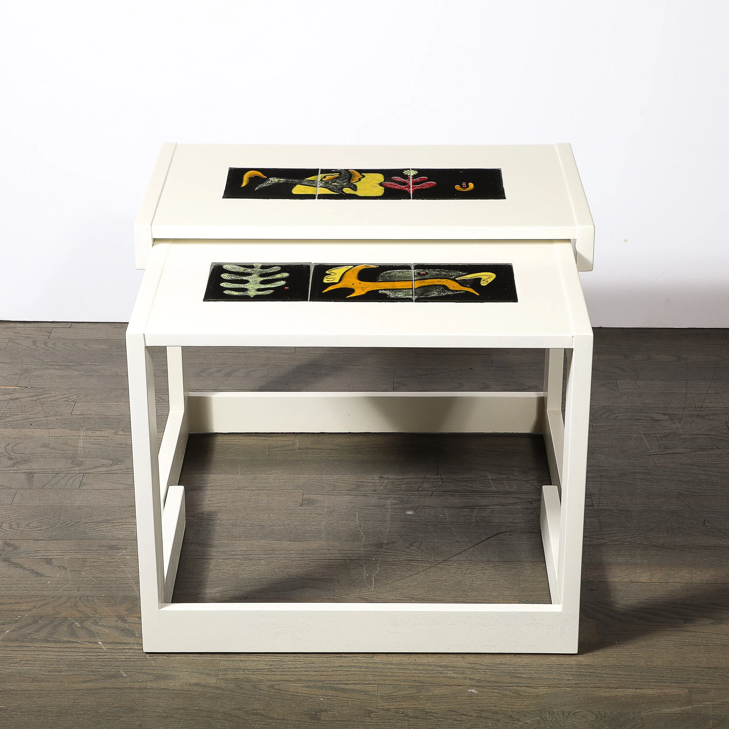 Pair of White Lacquer & Ceramic Tile Vladimir Kagan Rectilinear Oak Side Tables - High Style Deco 3.jpg