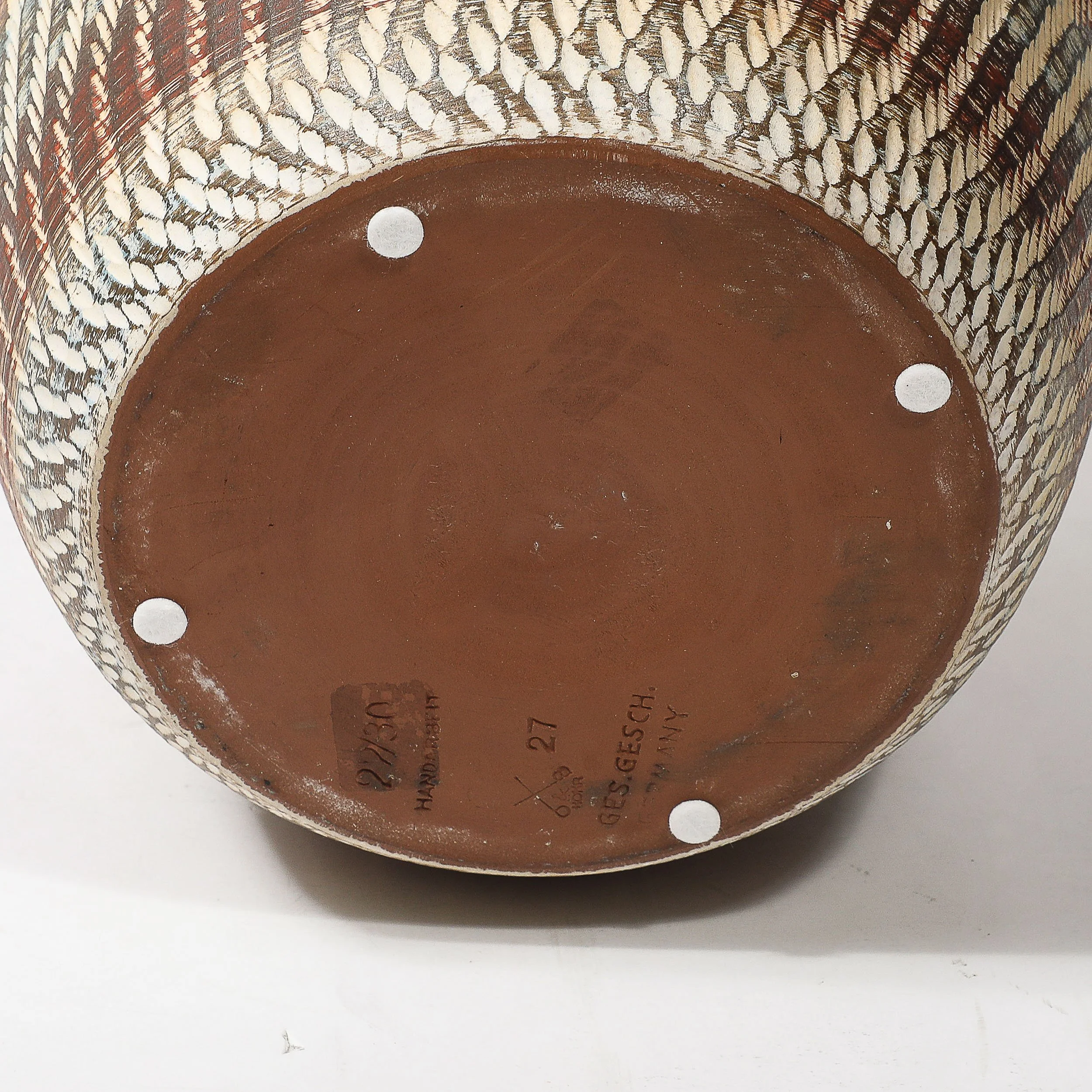 Mid-Century Ceramic Earth Toned Vase W: Scaled Textural Detailing signed Germany - High Style Deco 14.jpg