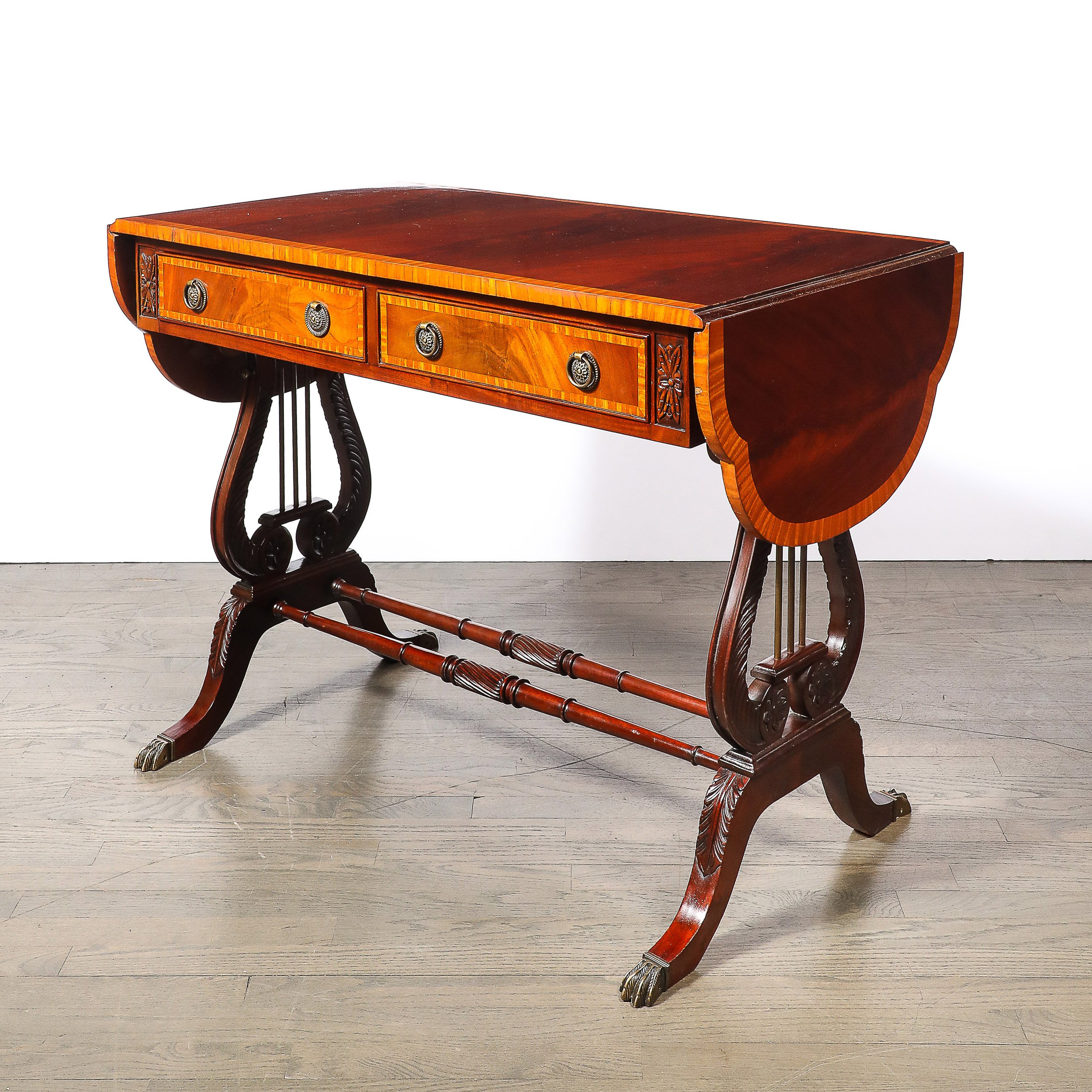 Edwardian Mahogany Writing Desk w: Inlaid Exotic Wood Detailing & Bronze Pulls - High Style Deco 22.jpg