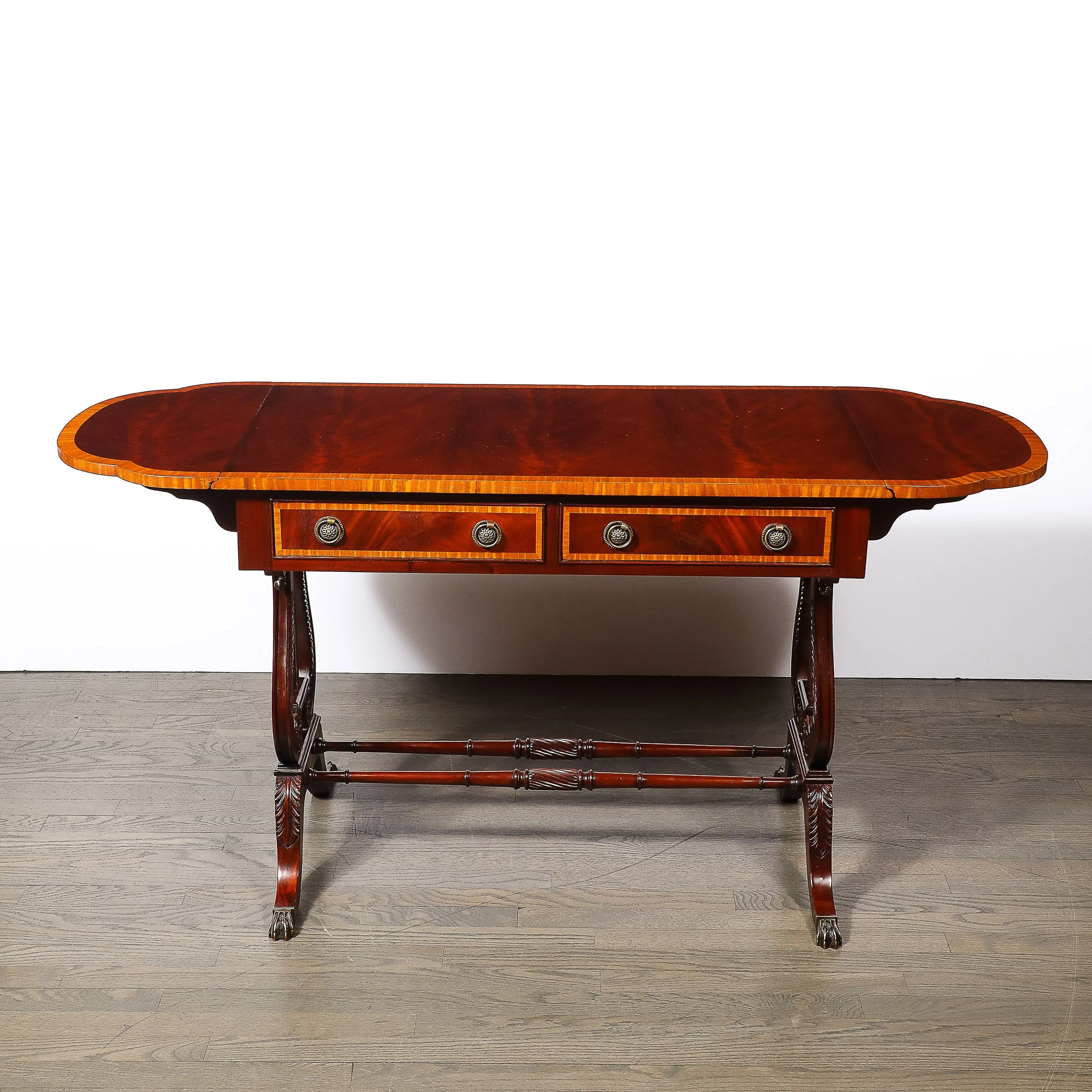 Edwardian Mahogany Writing Desk w: Inlaid Exotic Wood Detailing & Bronze Pulls - High Style Deco 3.jpg