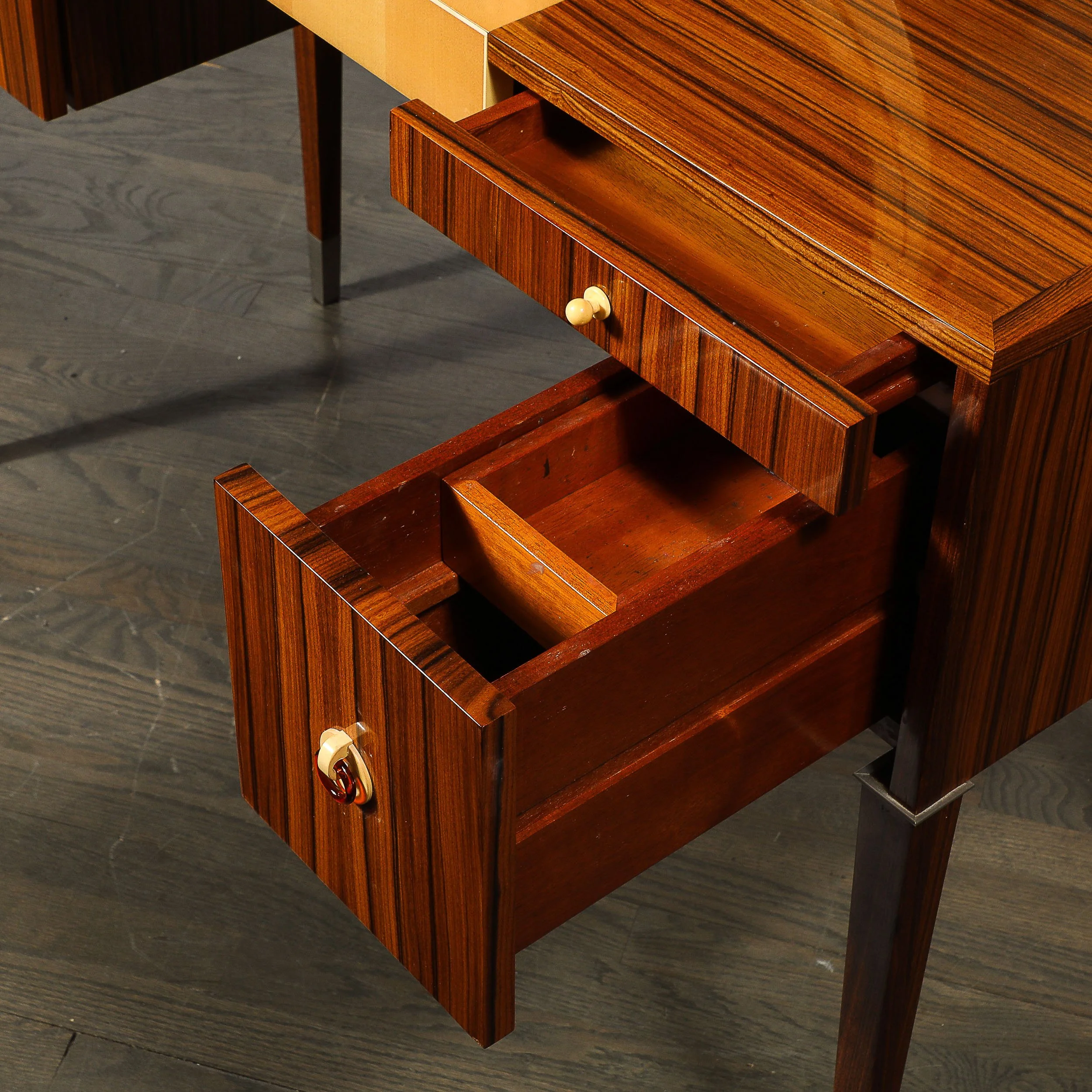 Art Deco Style Rosewood & Sycamore Vanity w: Bakelite, Mirror & Nickel Sabots - High Style Deco 8.jpg