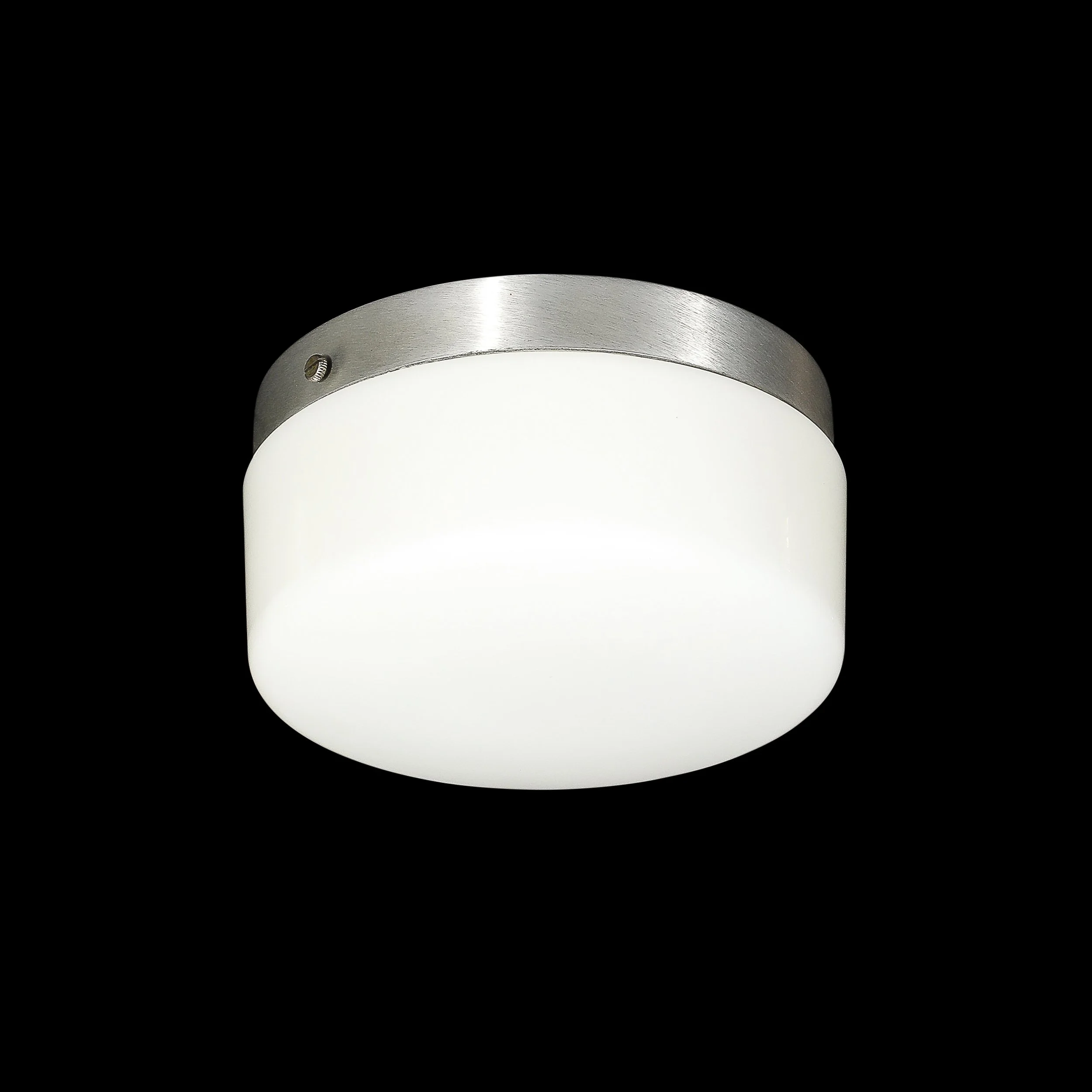 Pair of Mid-Century Cylindrical Milk Glass Flush Mounts w: Brushed Aluminum - High Style Deco 12.jpg