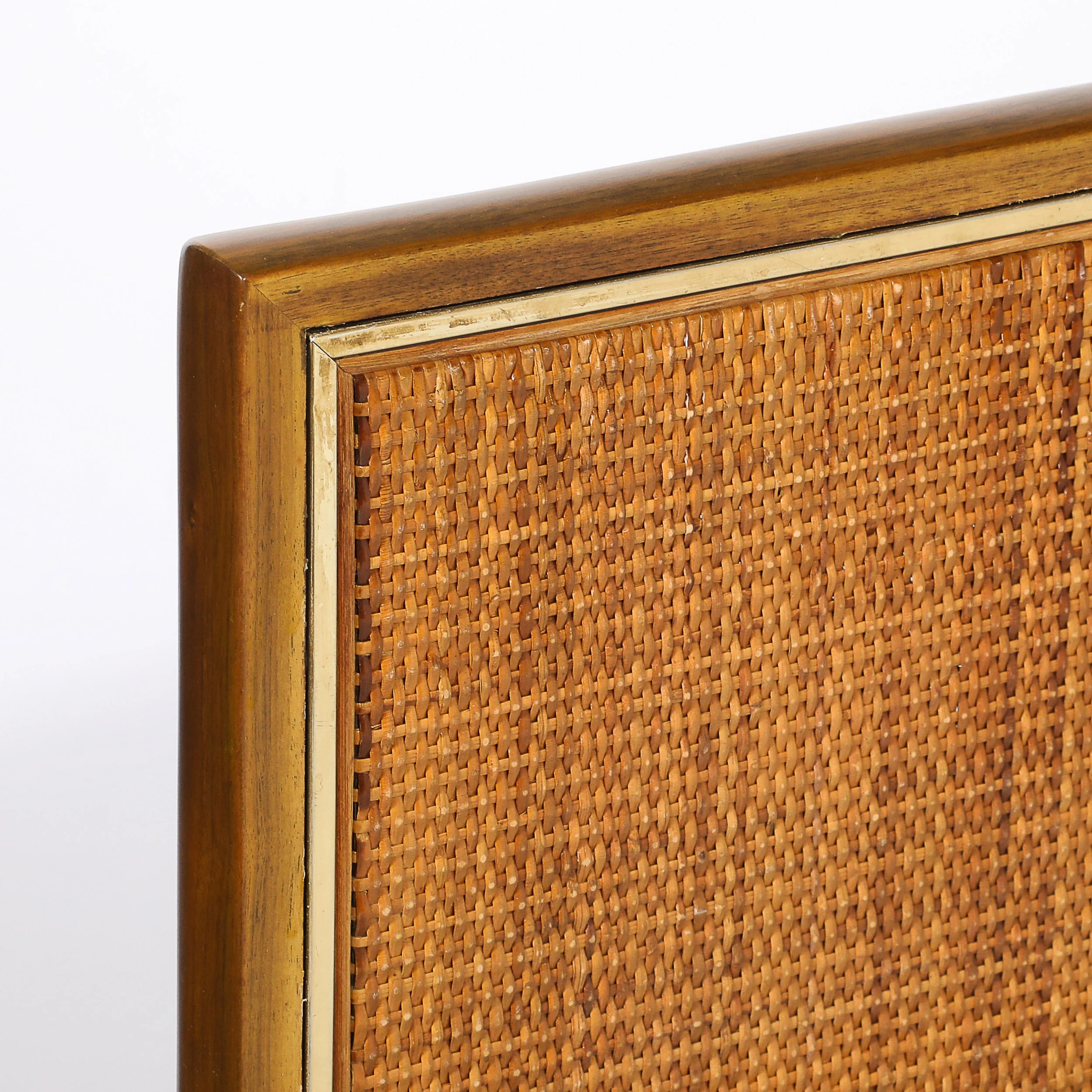 Mid-Century Brass Lined Walnut Settee w: Cane Detailing & Holly Hunt Upholstery - High Style Deco 7.jpg