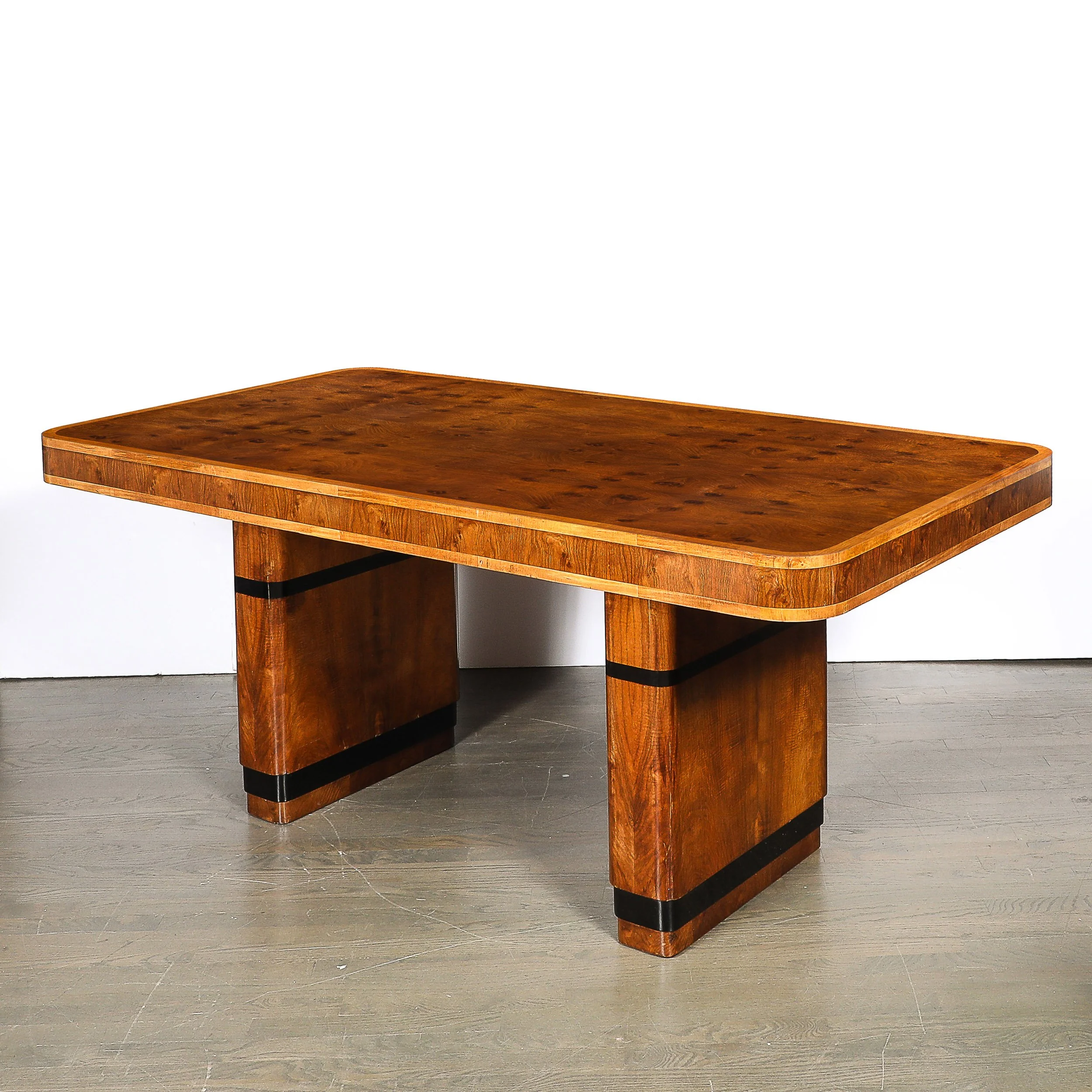 Art Deco Streamlined Book-Matched & Burled Walnut w: Black Lacquer Dining Table - High Style Deco 6.jpg