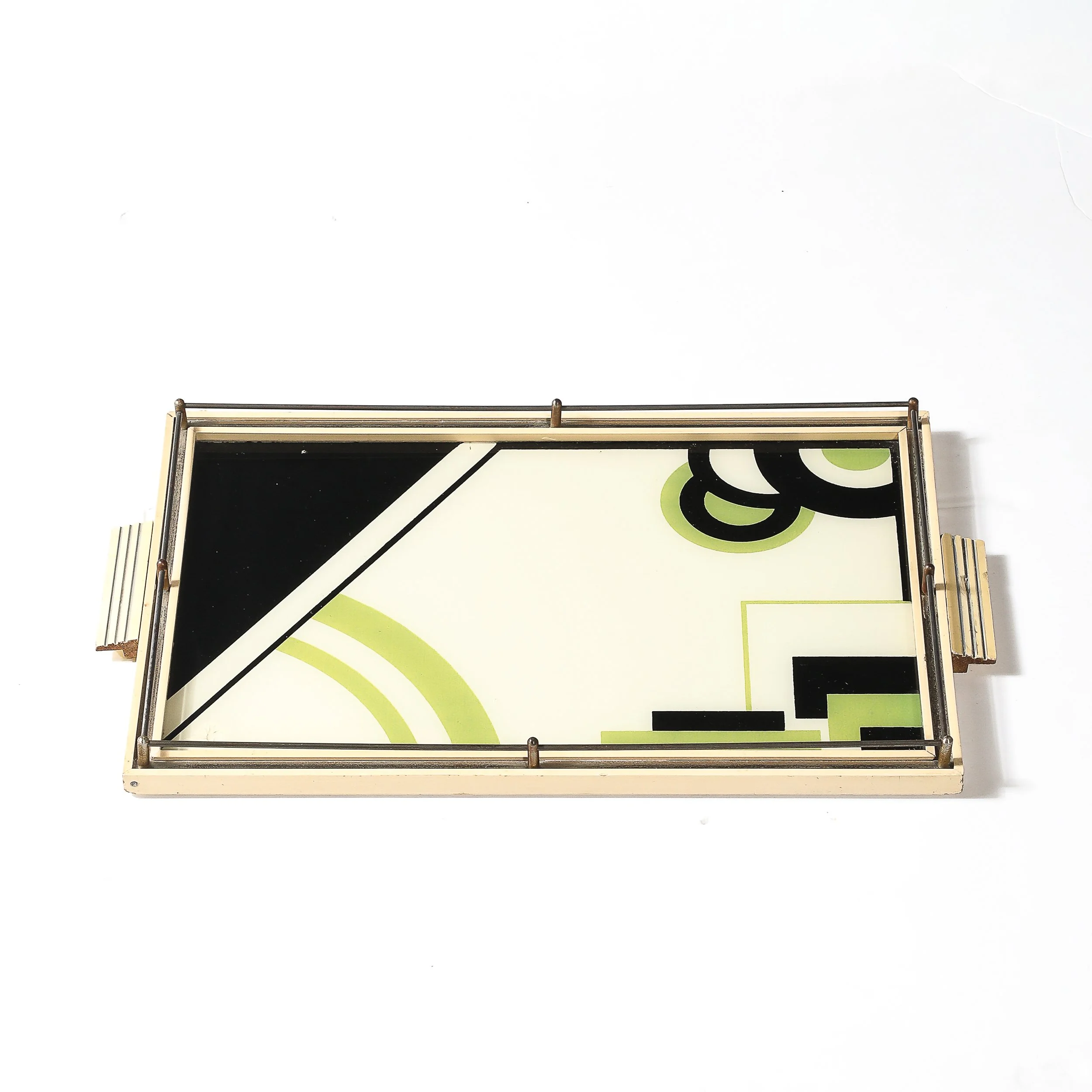 Art Deco Eglomise Cubist Graphic Geometric Motif Tray w: Cream Lacquered Border - High Style Deco 1.jpg