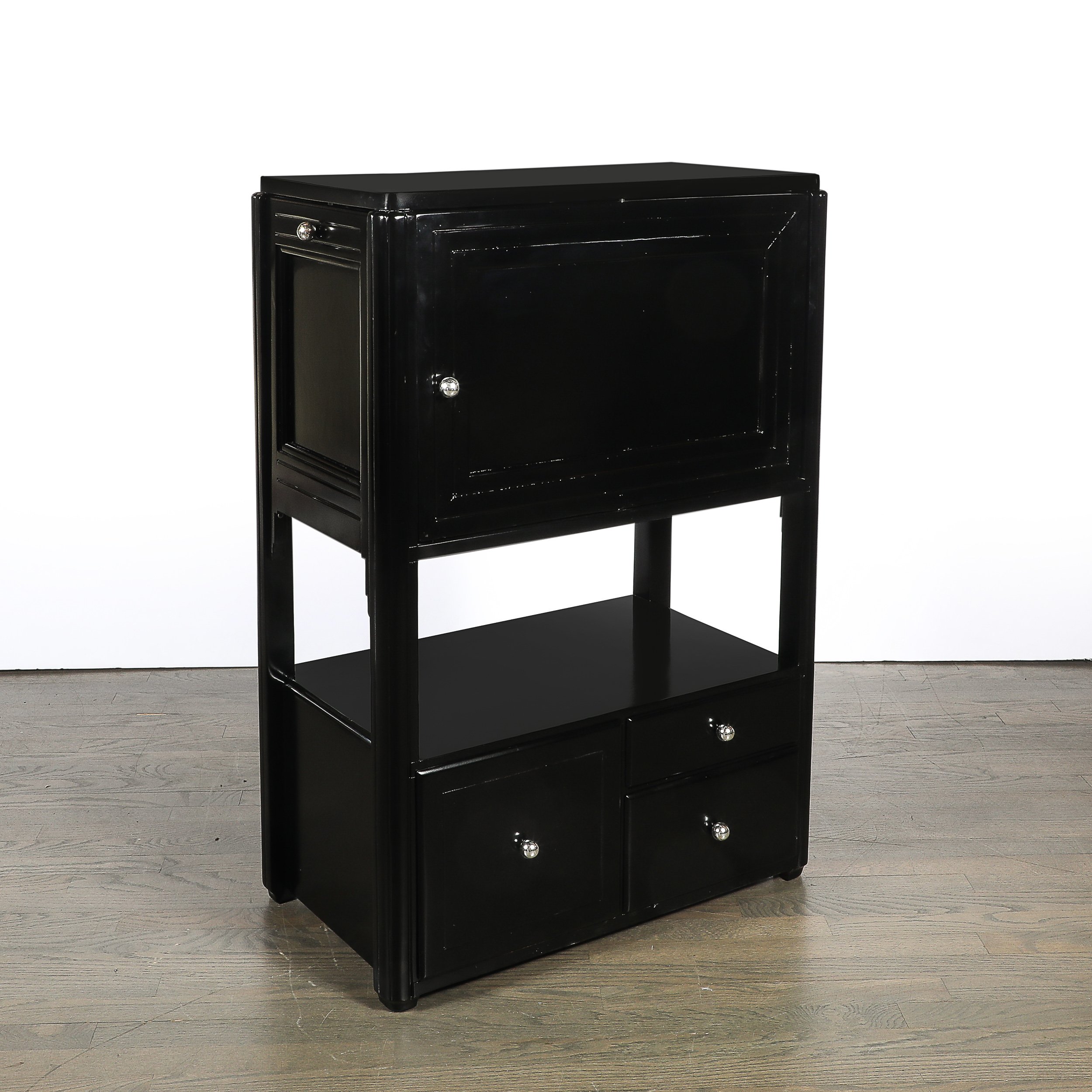 Art Deco Machine Age Bar Cabinet in Black Lacquer with Swivel and Drop Doors - High Style Deco 16.jpg (Copy)
