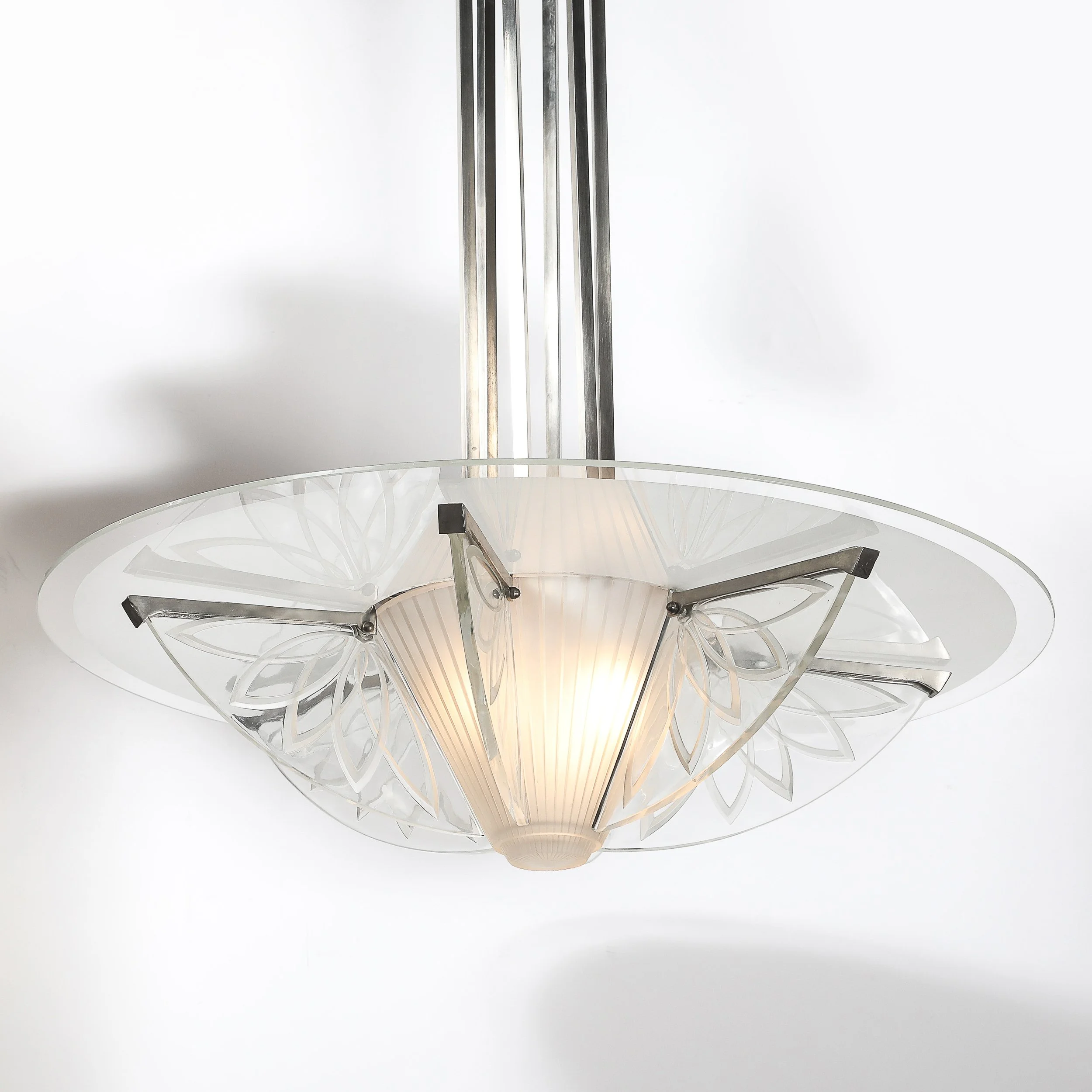 Art Deco Machine Age Frosted, Etched Glass & Nickel Chandelier by Pierre D'Avsen - High Style Deco 10.jpg