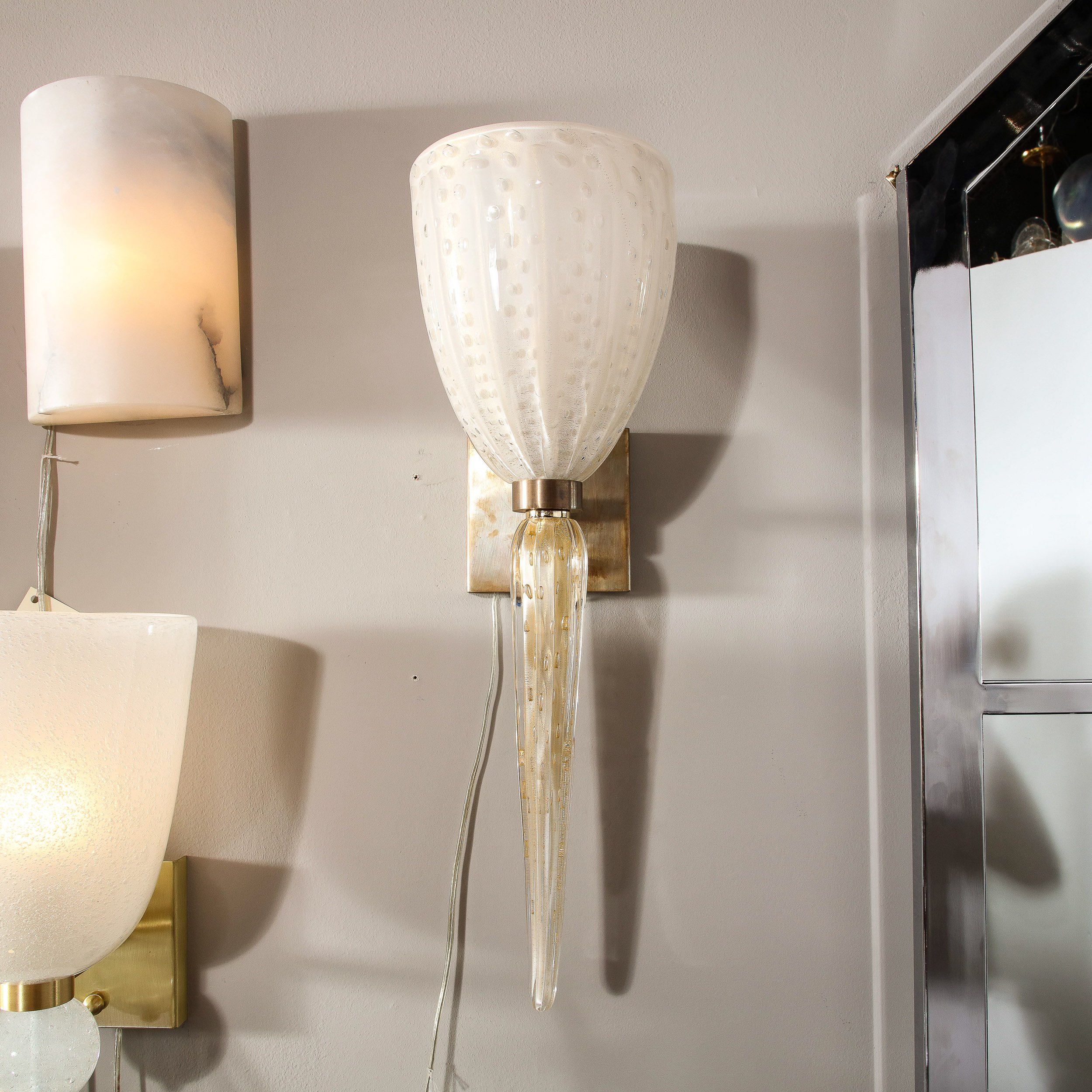 Modernist Hand-Blown Murano Glass Sconces with Murines, 24K Gold Flecks & Spike Form Drop - High Style Deco 5.jpg