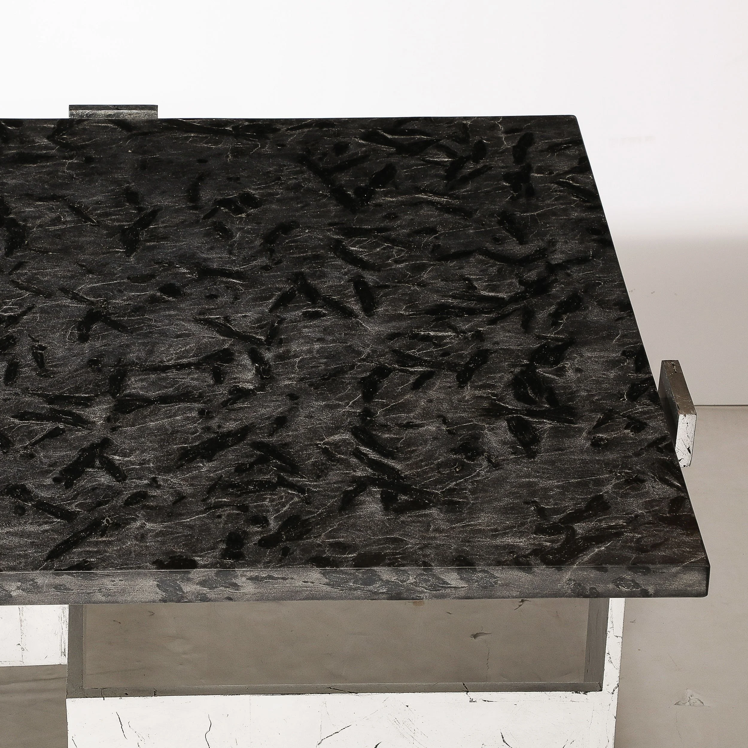 Modernist Rectilinear Cocktail Table in Antiqued Silver Leaf and Matrix Granite - High Style Deco 6.jpg
