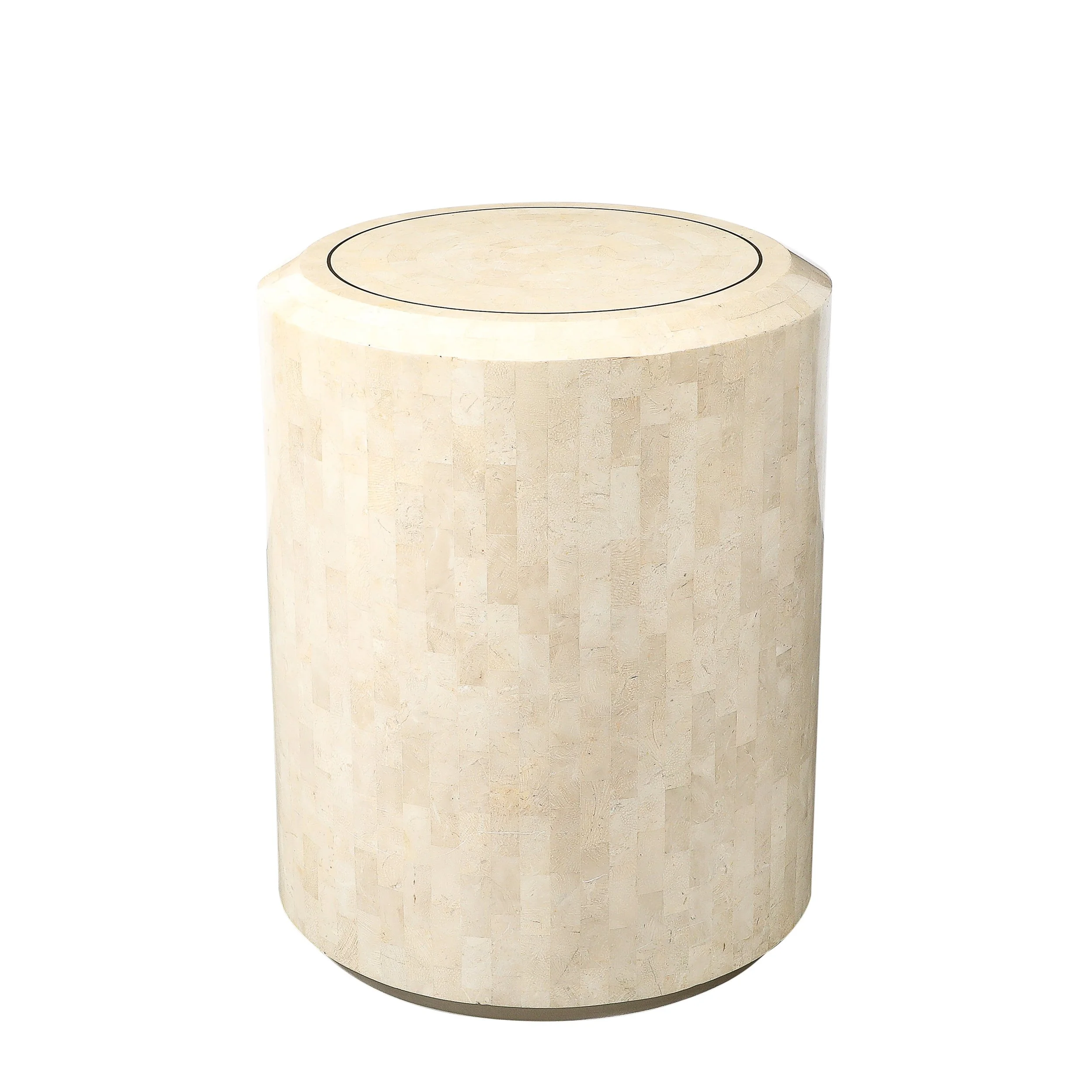 Mid-Century Drum Form Brass Inlay Tessellated Stone Side Table by Maitland Smith