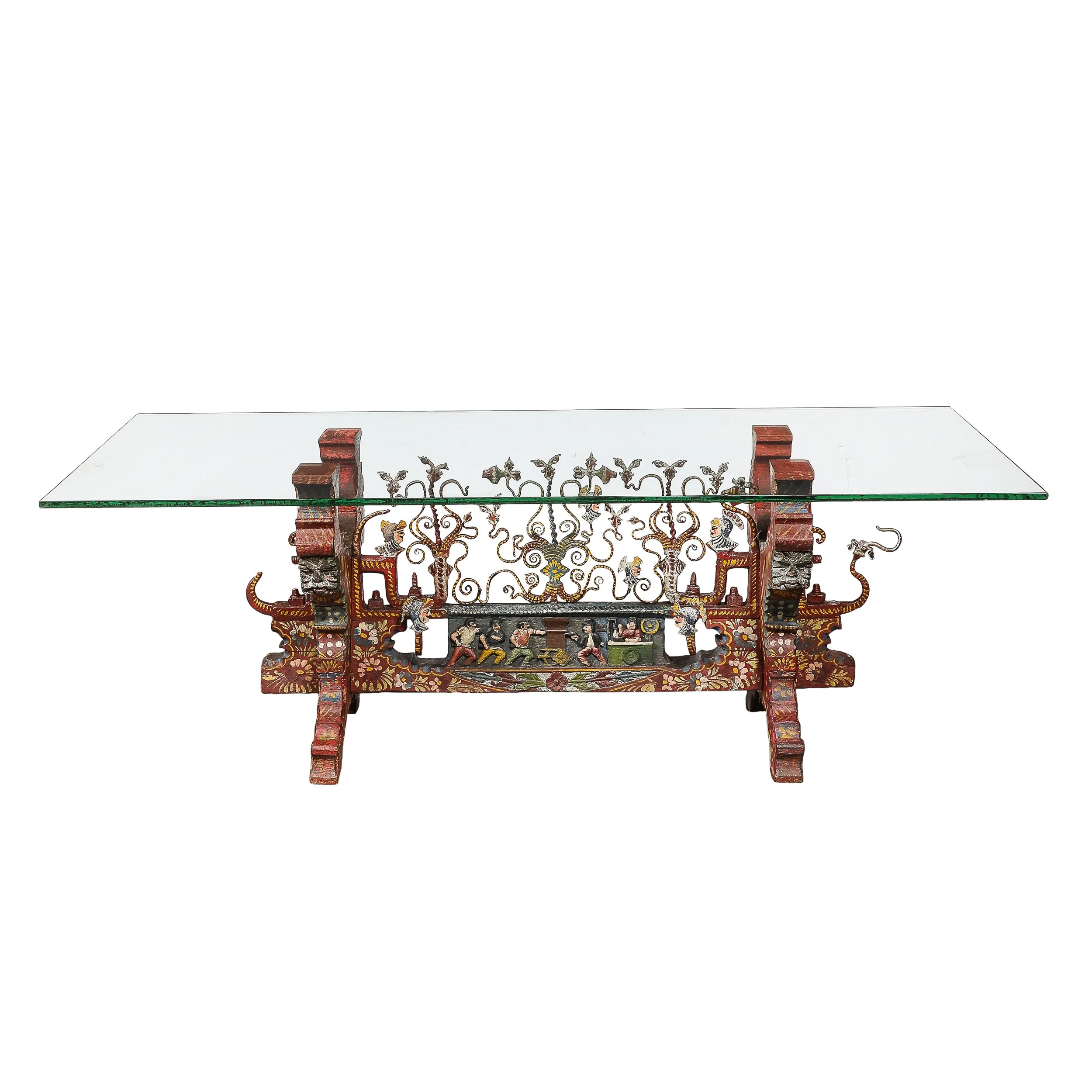 Arts and Crafts Sicilian Polychromed Wood & Iron Glass Top Donkey Cart Cocktail - High Style Deco.jpg