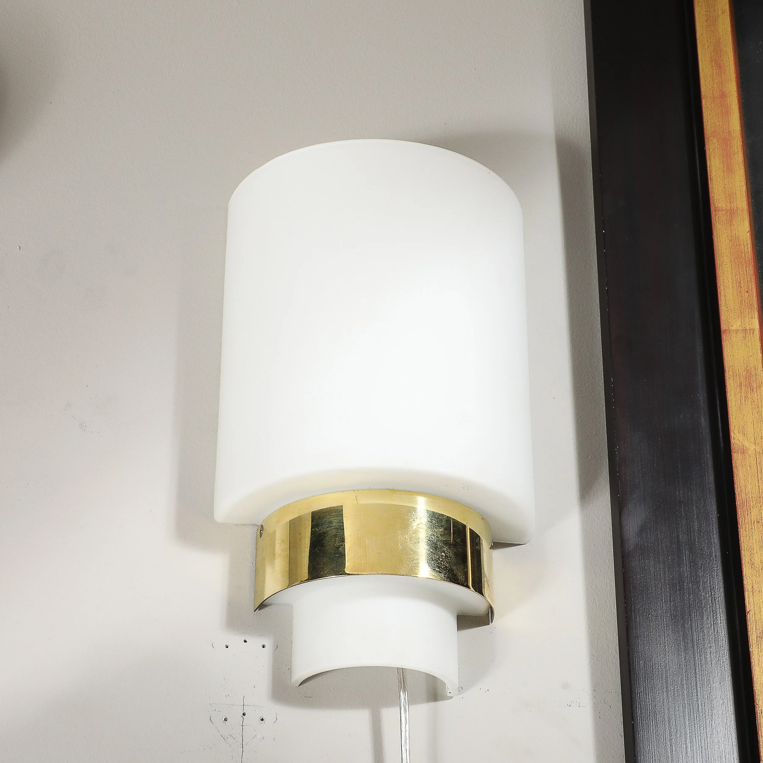Pair of Mid-Century Modernist Minimal Frosted Glass & Brass Sconces - High Style Deco 9.jpg
