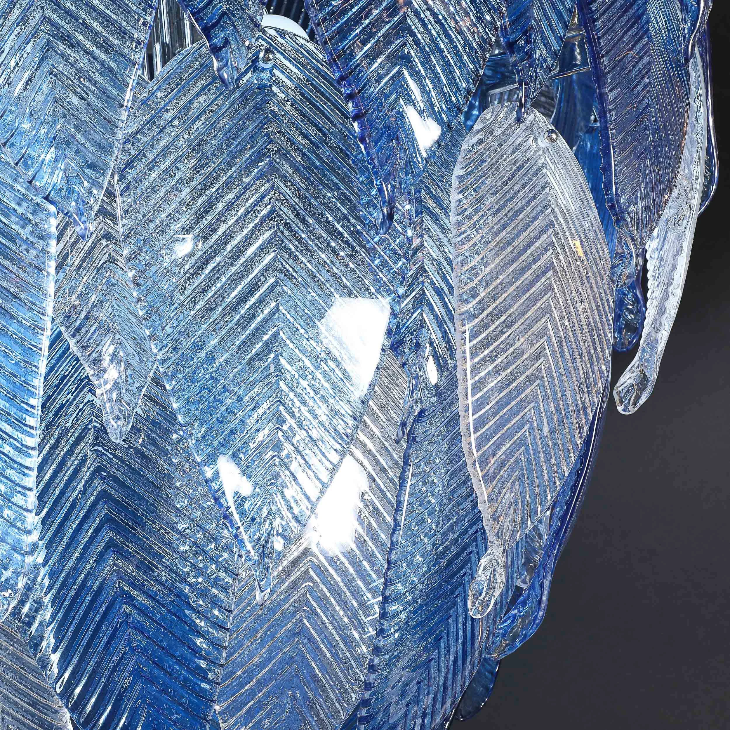Modernist Hand-Blown Reeded Blue & Clear Murano Glass Leaf Chandelier w: Chrome - High Style Deco 19.jpg