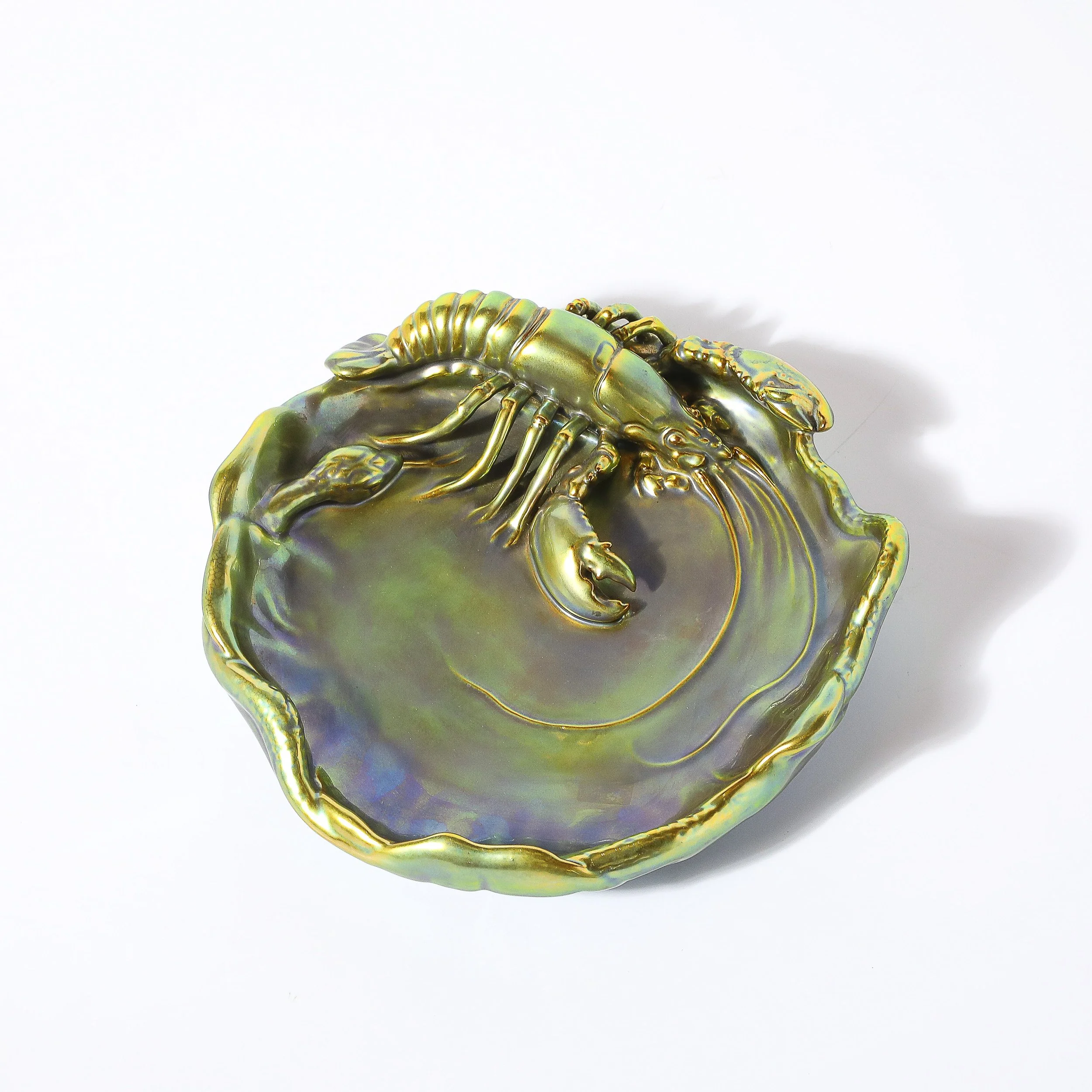 Zsolnay Hungary Eosin Iridescent Green Gold Lobster & Snake Hand Painted Dish - High Style Deco 8.jpg