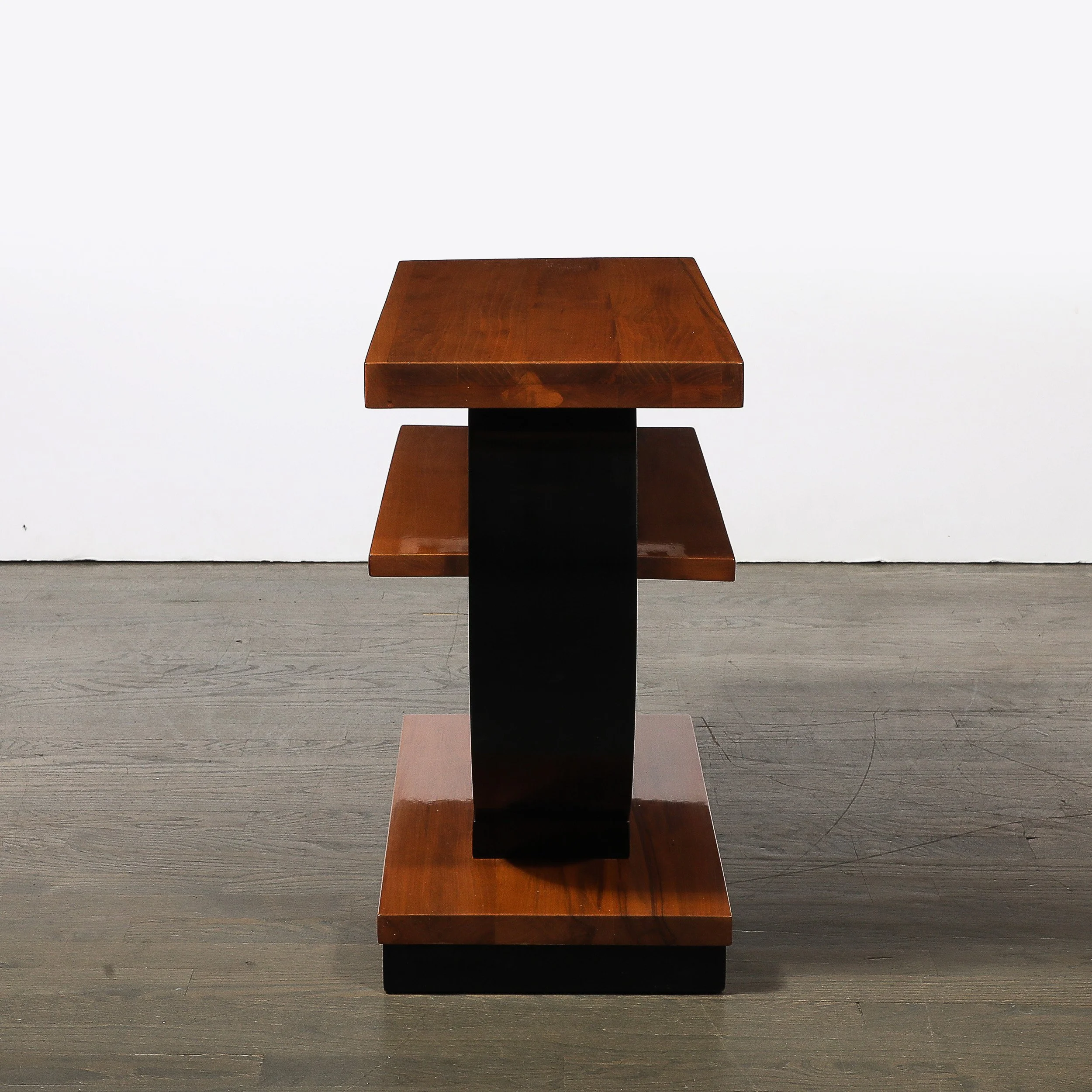 Pair of Art Deco Machine Age Two-Tier Side Tables in Walnut & Black Lacquer - High Style Deco 7.jpg