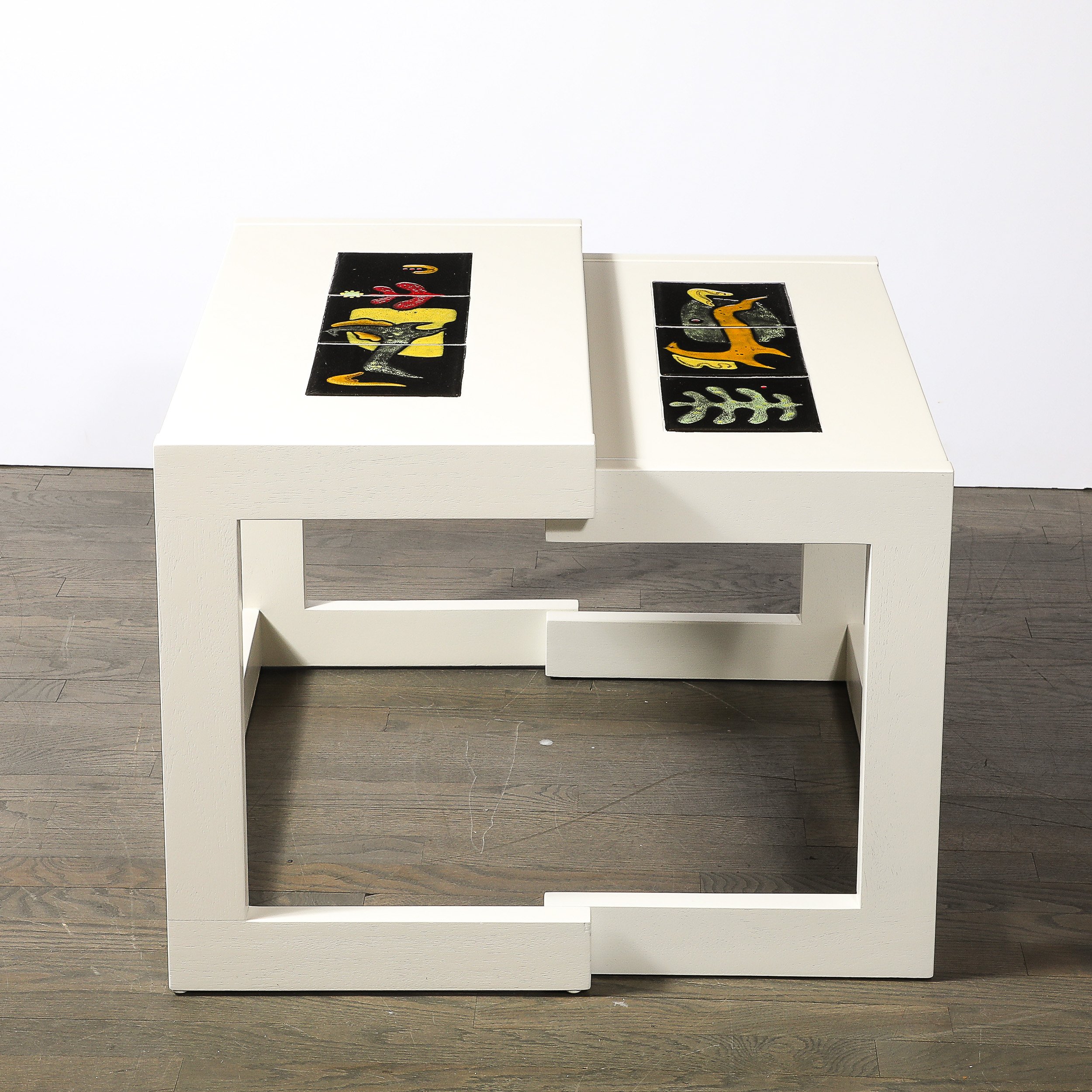 Pair of White Lacquer & Ceramic Tile Vladimir Kagan Rectilinear Oak Side Tables - High Style Deco 16.jpg